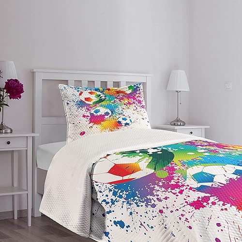 Miniatura 7 de Ambesonne Juego de colchas de fútbol, salpicaduras de colores en todas partes de pelotas de fútbol con puntuación del campeonato de la Copa del