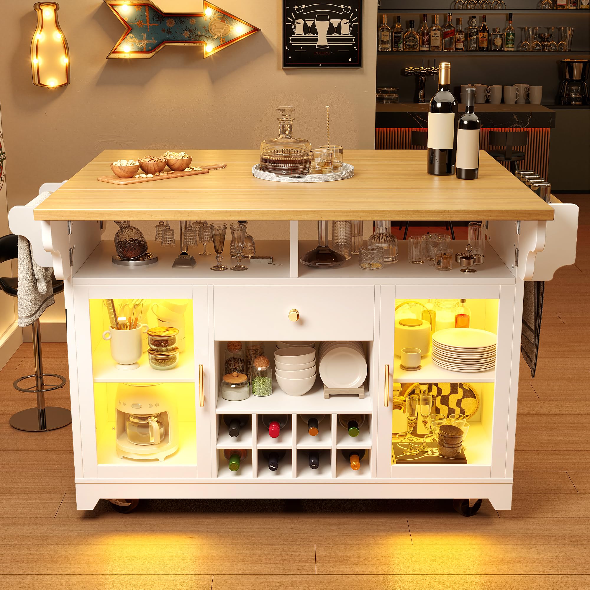 Isola da cucina, carrello da portata con illuminazione LED RGB, piano del tavolo pieghevole su entrambi i lati, carrello da cucina con ripiani regolabili e portabottiglie mobile, per cucina e