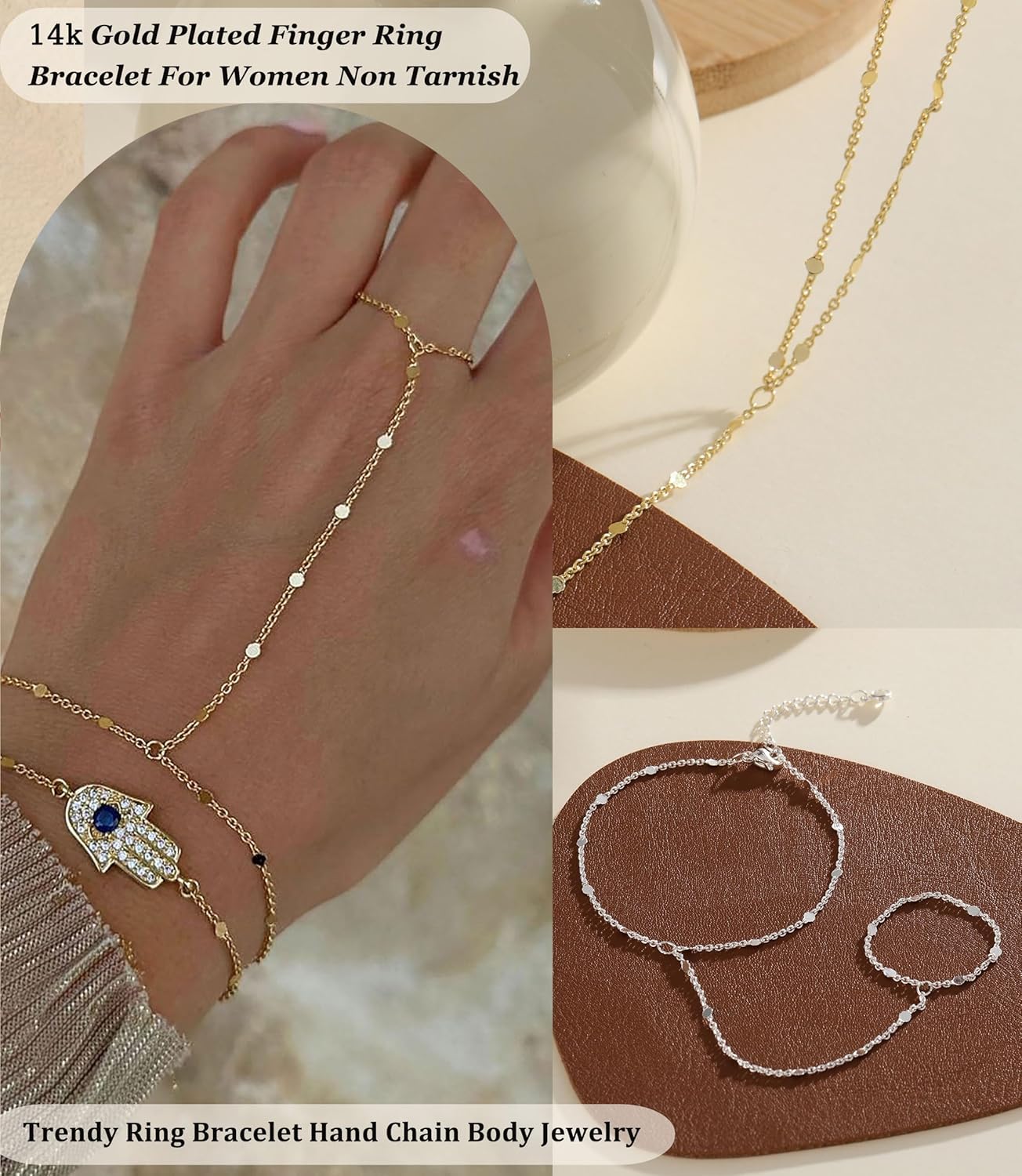 Hand Chain Gold Silver Bracelets for Women 14K Gold plated Hand Chain Bracelet Non Tarnish Satellite Bead Dot CZ Pearl Link Ring Bracelet Trendy Hand Jewelry Gifts for Women Adjustable - Image 3