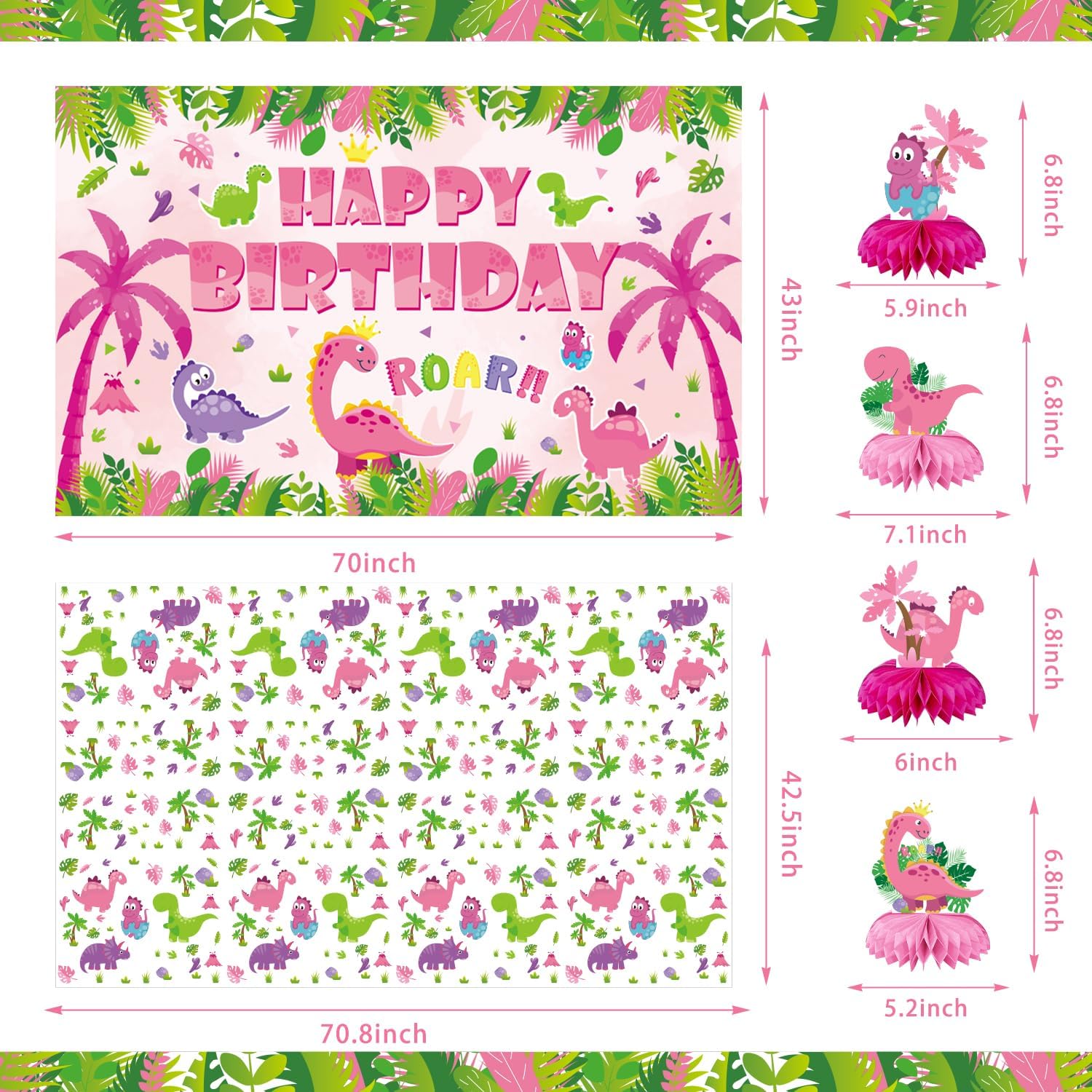 Girl Dinosaur Party Supplies, 206Pcs Pink Dinosaur Dino Themed Bday Party Decor Decorations for Girls - Backdrop, Banner, Tablecloth, Centerpieces, Plates, Stickers, Wall Signs