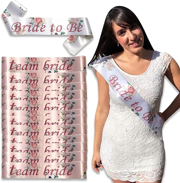 Blue Planet Fancy Dress 12 Team Bride Hen Party Sash 1 Bride to Be Rose Gold Satin Floral Sash with Pink Text for Women and Girls Bachelorette Parties Bridal Party Favours Wedding Accessories