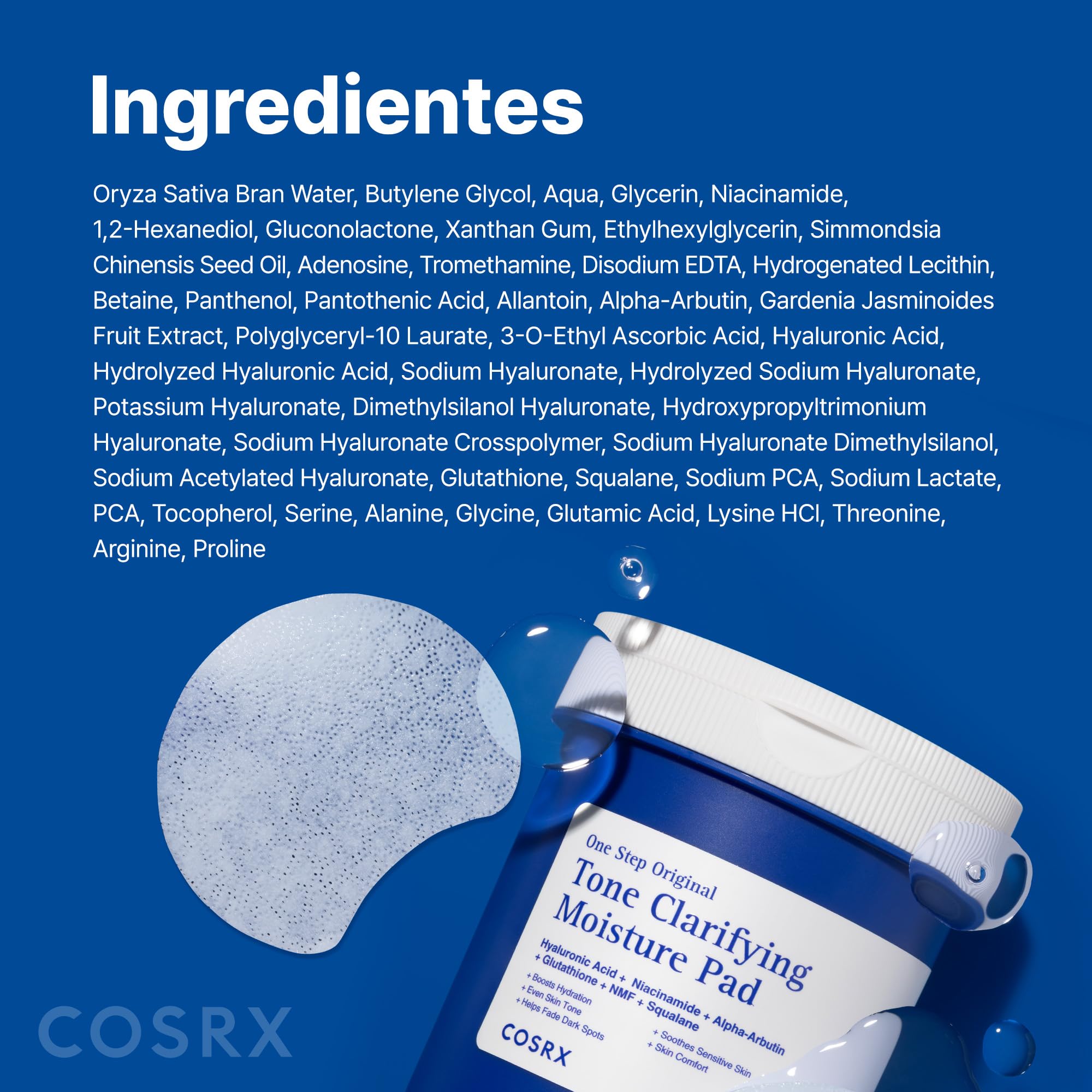 COSRX OneStep Original Tono Clarifying Moisture Pad, 100 almohadillas, Daily Toning Pad for Skin Texture & Hydration & Evening Skin Tone with Arbutin, Glutatione & 12 Hyaluronic Acids, Korean Skin