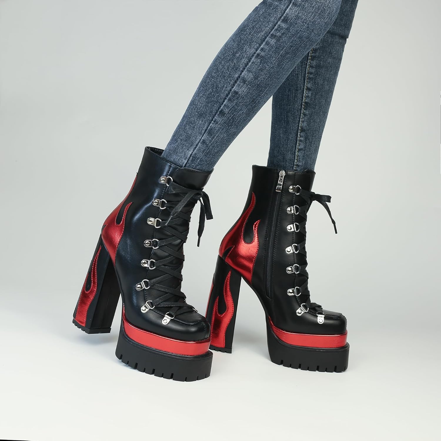 HiColor women’s silver flames printing high-heeled thick-heeled round-headed lace-up boots side zipper shoes