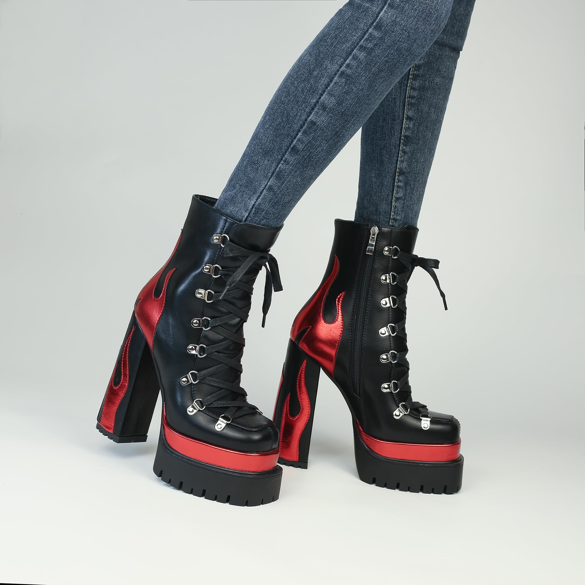 HiColor women’s silver flames printing high-heeled thick-heeled round-headed lace-up boots side zipper shoes: 7 Black-red