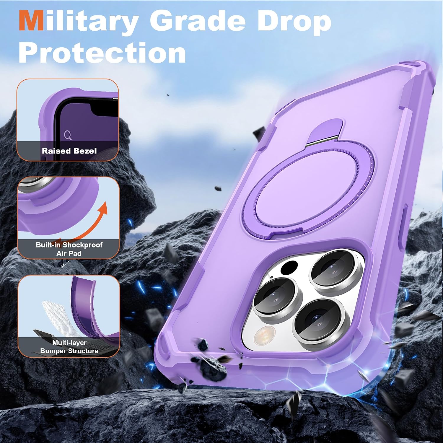 Compatible with iPhone 12 Pro Max & 13 Pro Max Case 6.7'' with Magnetic Ring Stand [Military Drop Protection][Compatible with MagSafe] Shockproof Phone Case for Men Wowen,Purple