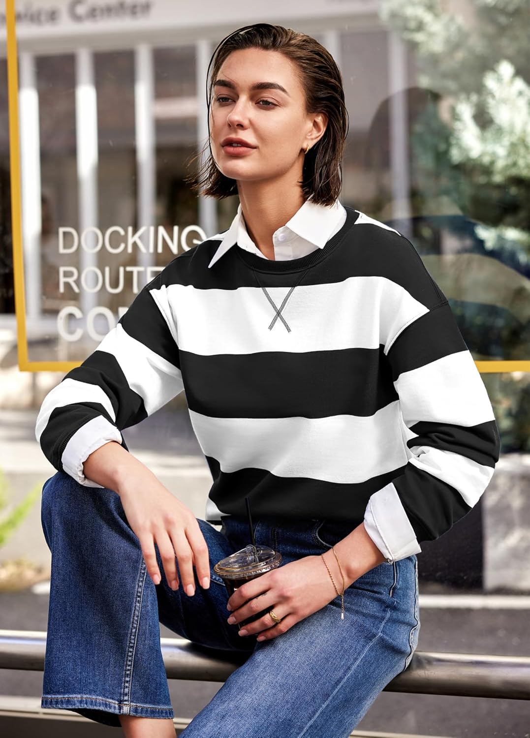 Nirovien Womens Striped Oversized Sweatshirts Casual Long Sleeve Crewneck Sweatshirt Color Block Pullover Tops - Image 4