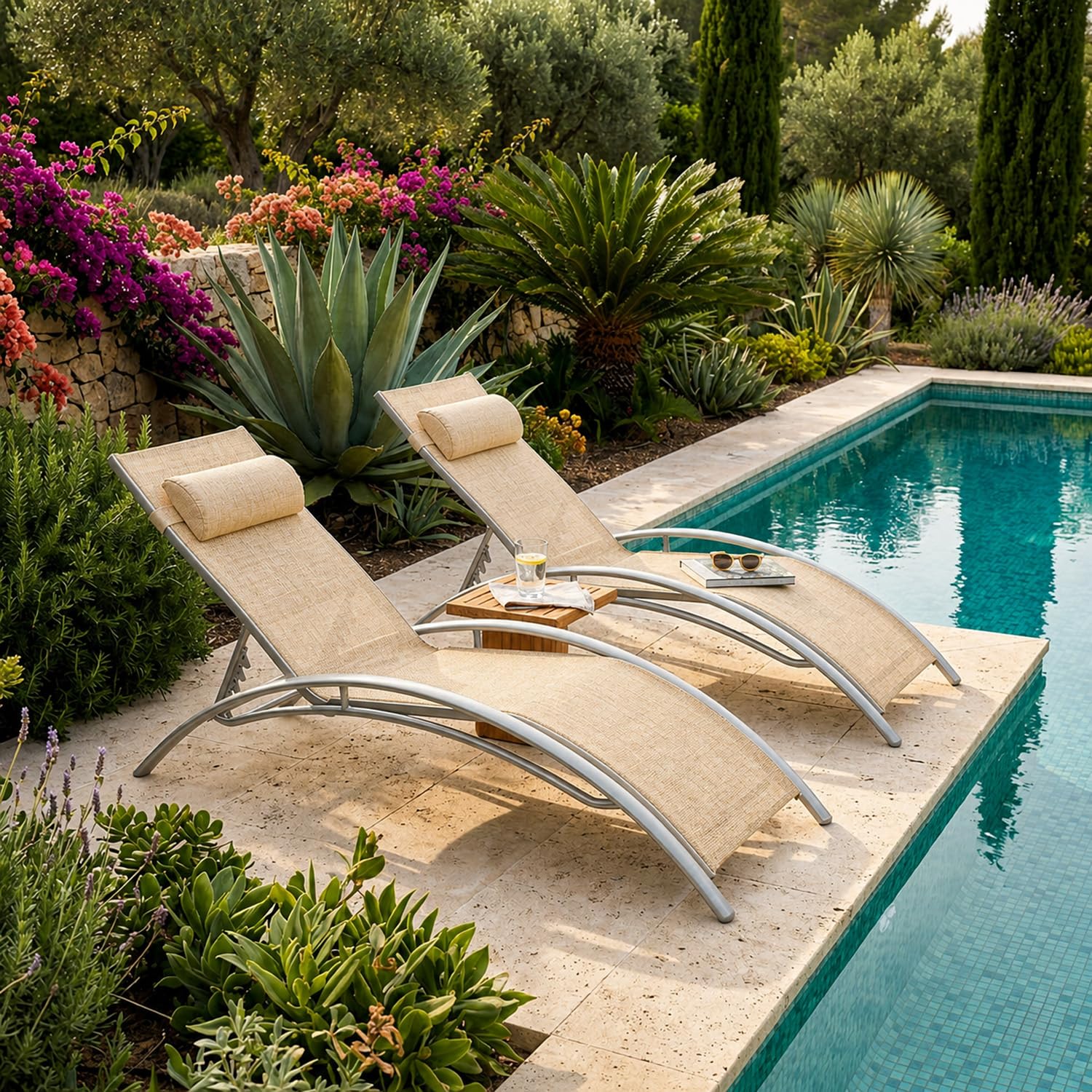 Set 2 Lettini Prendisole Reclinabili Con Schienale Regolabile 5 Posizioni Traspirante Per Piscina Terrazza Relax Outdoor 59 x 158 x 81.5 Cm Beige