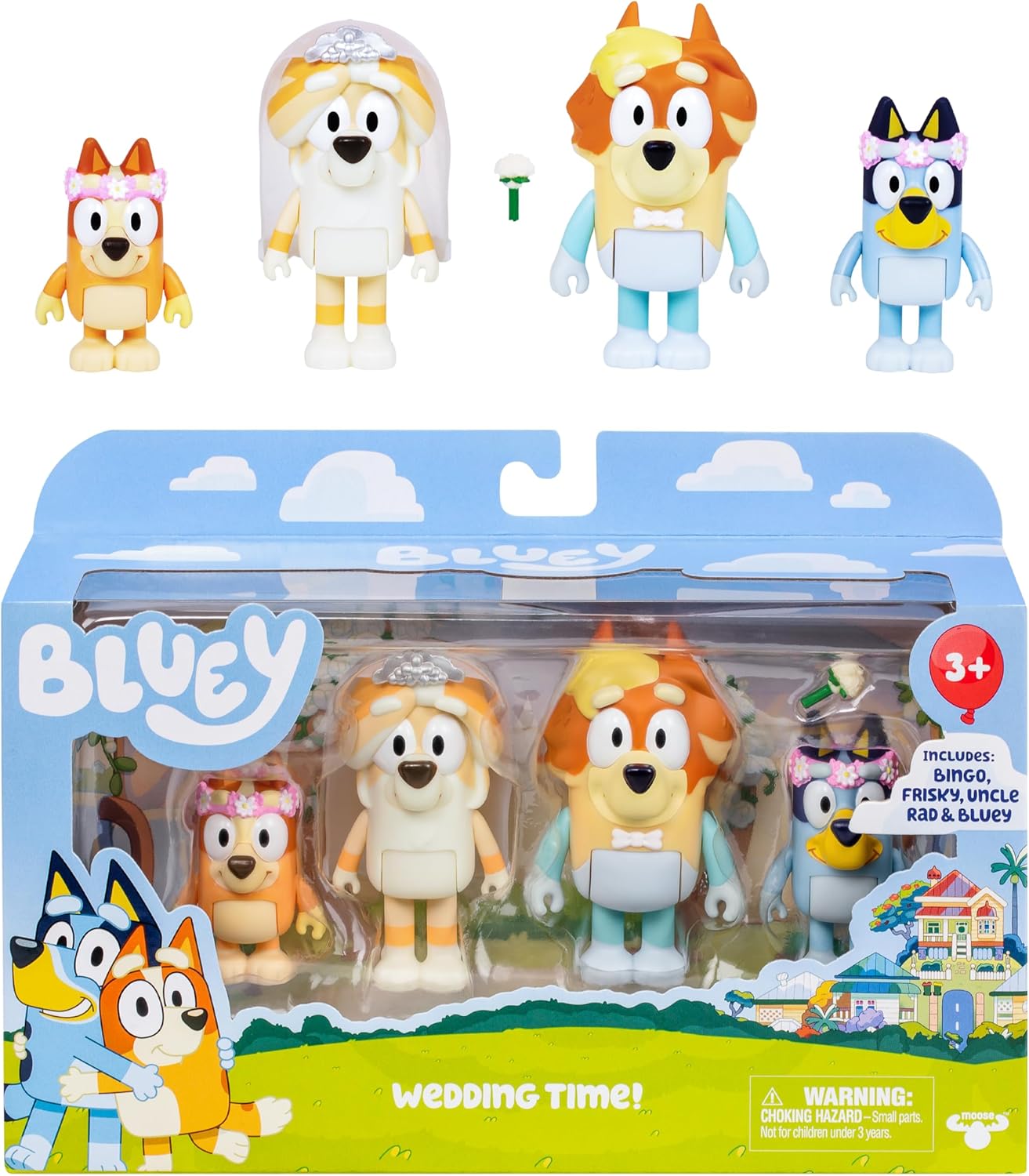 bluey wedding figures pack of 4, articulated character toys with uncle rad, frisky, and flower bingo figurines, action figures for kids ages 3+ 6 - wedding time