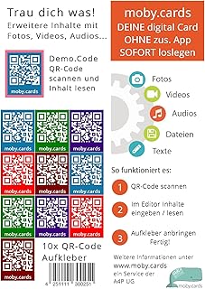 10 autocollants moby.cards QR code pour connecter vos cadeaux et cartes de vœux à vos vidéos, photos, audios et plus encore.