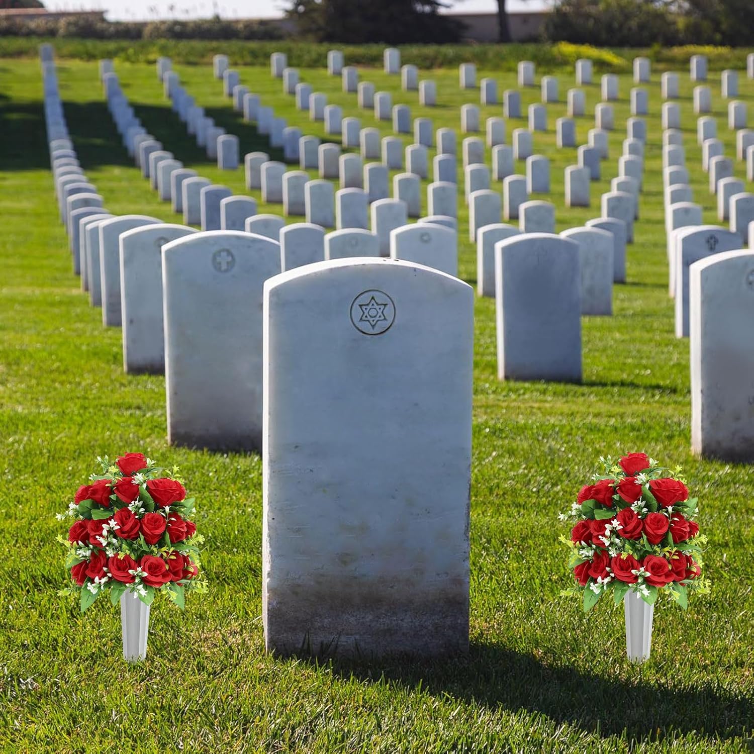 U'Artlines 2Pcs Artificial Cemetery Flowers with Vase for Grave, Silk Memorial Day Rose Flowers Bouquet Outdoor Grave Flowers for Grave Vase Cemetery Graveyard Headstones (Red)
