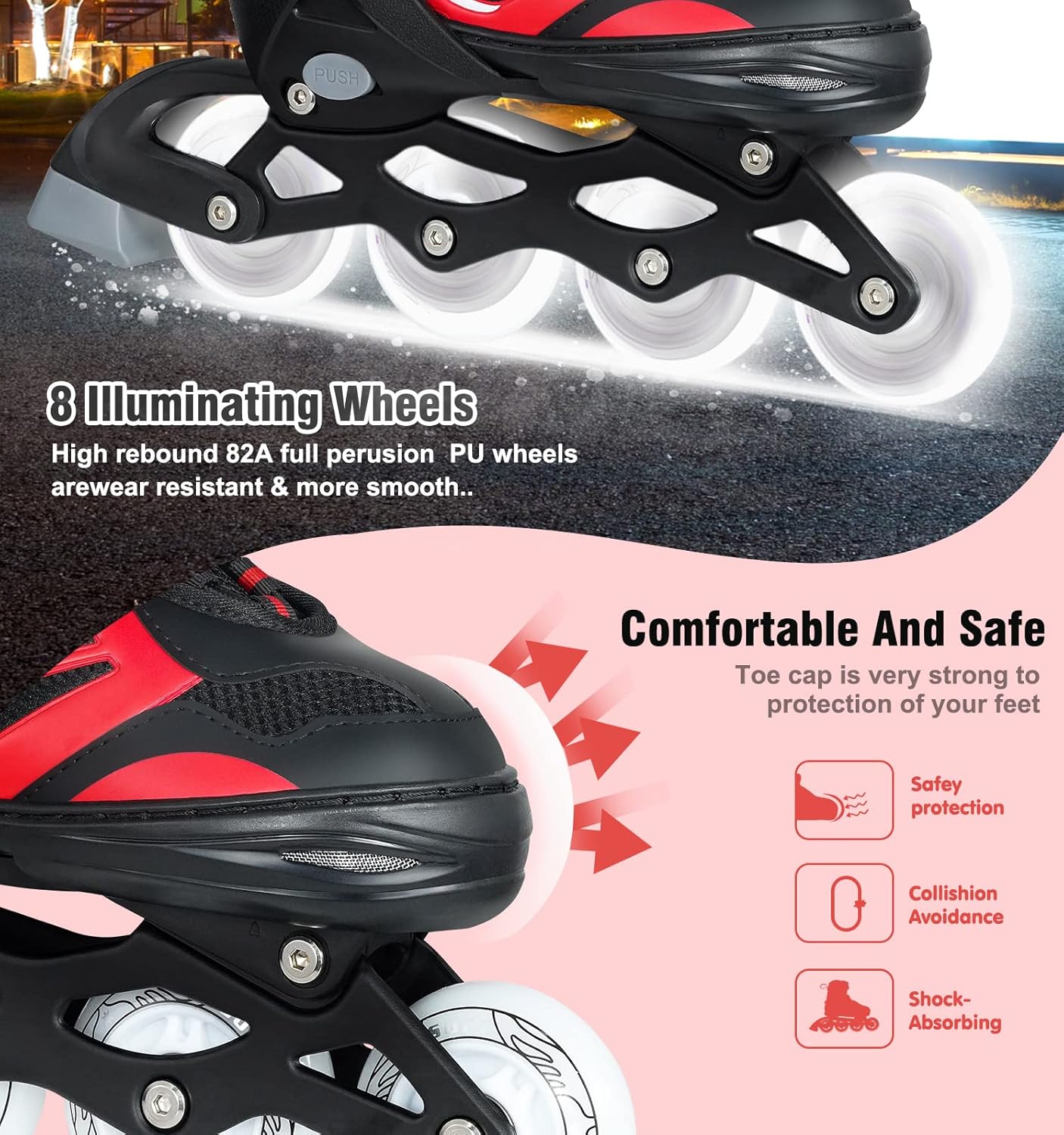 Red Adjustable Inline Skates Boys Girls Kids Women Size,Light Up Adult Skates Boys Girls Kids Outdoor
