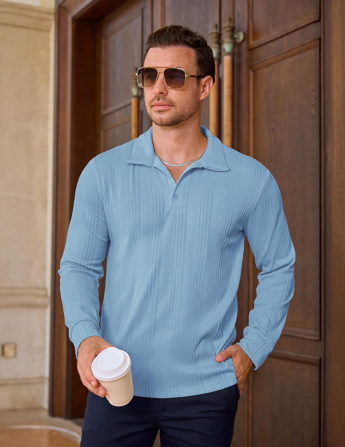 Uni Clau Mens Long Sleeve Button Down Polo Shirt Ribbed Stretch Polo T Shirt Casual Fashion Golf Shirts - Image 6