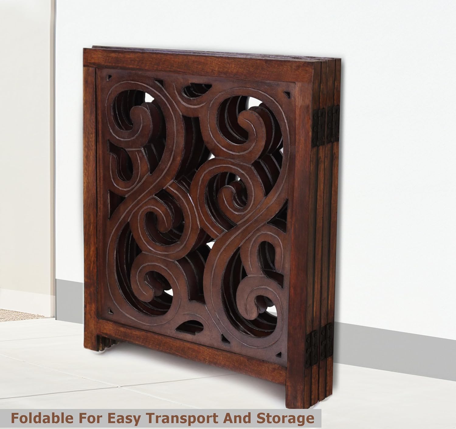 Wooden Foldable Pet Dog Safety Gate - 4 Panels Scroll 20 W x 24 H- Hand Carved Solid Wood & MDF- Free Standing Portable Indoor Doorway Hall Stairs Puppy Fence -Fully Assembled- Antique Brown -IRONGATE