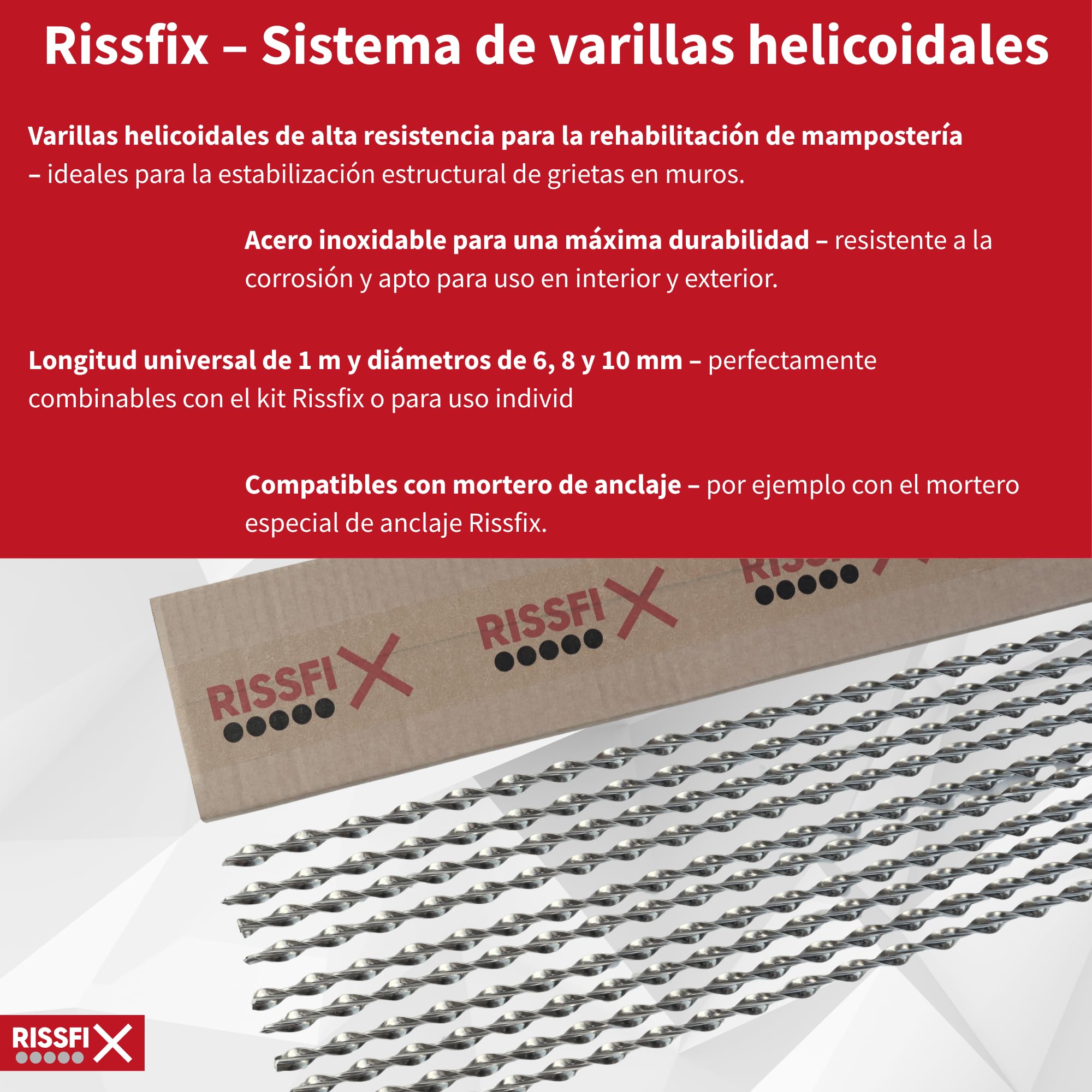 Varillas helicoidales de acero inoxidable – 10 unidades de 1 m – para la reparación de grietas en mampostería (⌀ 8 mm)