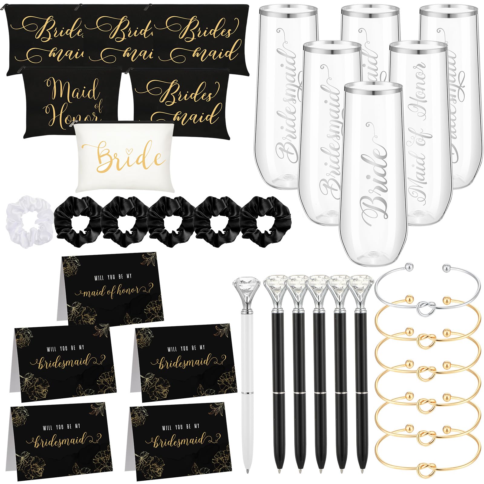 HyDren 35 Pcs Bridesmaid Proposal Gifts Bridal Shower Gifts Include Champagne Flutes Makeup Bags Invited Cards Hair Scrunchies Bracelets Diamond Pens Made of Honor Gift for Wedding (Black Style)