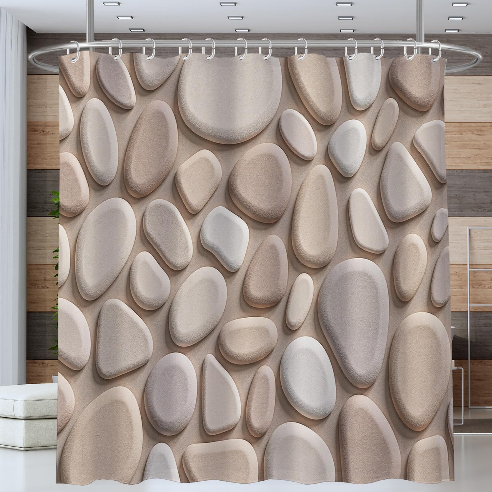 Rideau Douche, Rideau Baignoire Lavable en Machine Rideaux Douche Tissus Lavable Rideau De Baignoire Lavable pour Salle De Bain Domicile Baignoire Famille, Galets Personnalisés,