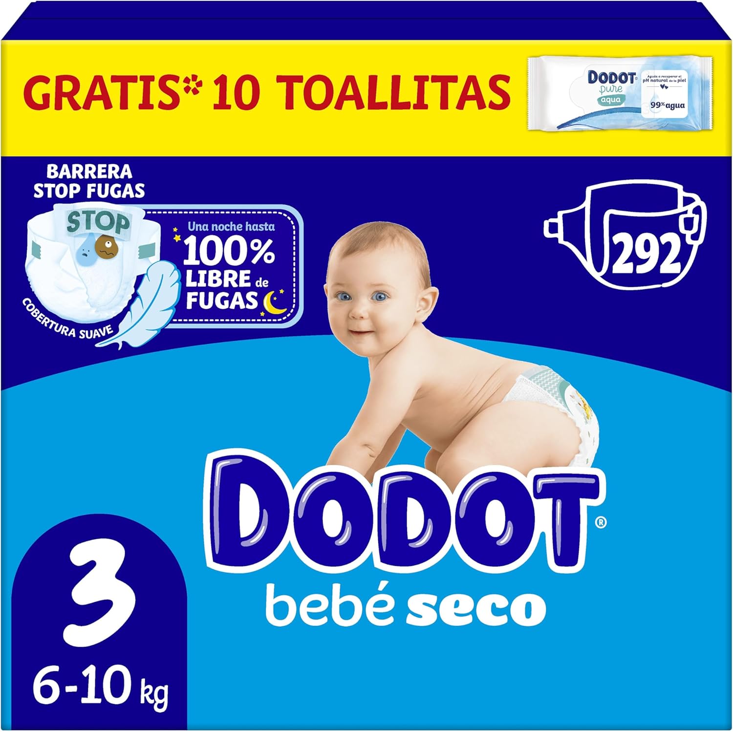 Dodot Pañales Bebé-Seco, Talla 3 (6-10 kg), 292 Pañales + Regalo de 1 Pack de 10 Toallitas Aqua Pure 99% Agua, Una Noche Hasta Un 100% Libre De Fugas, Pack mensual