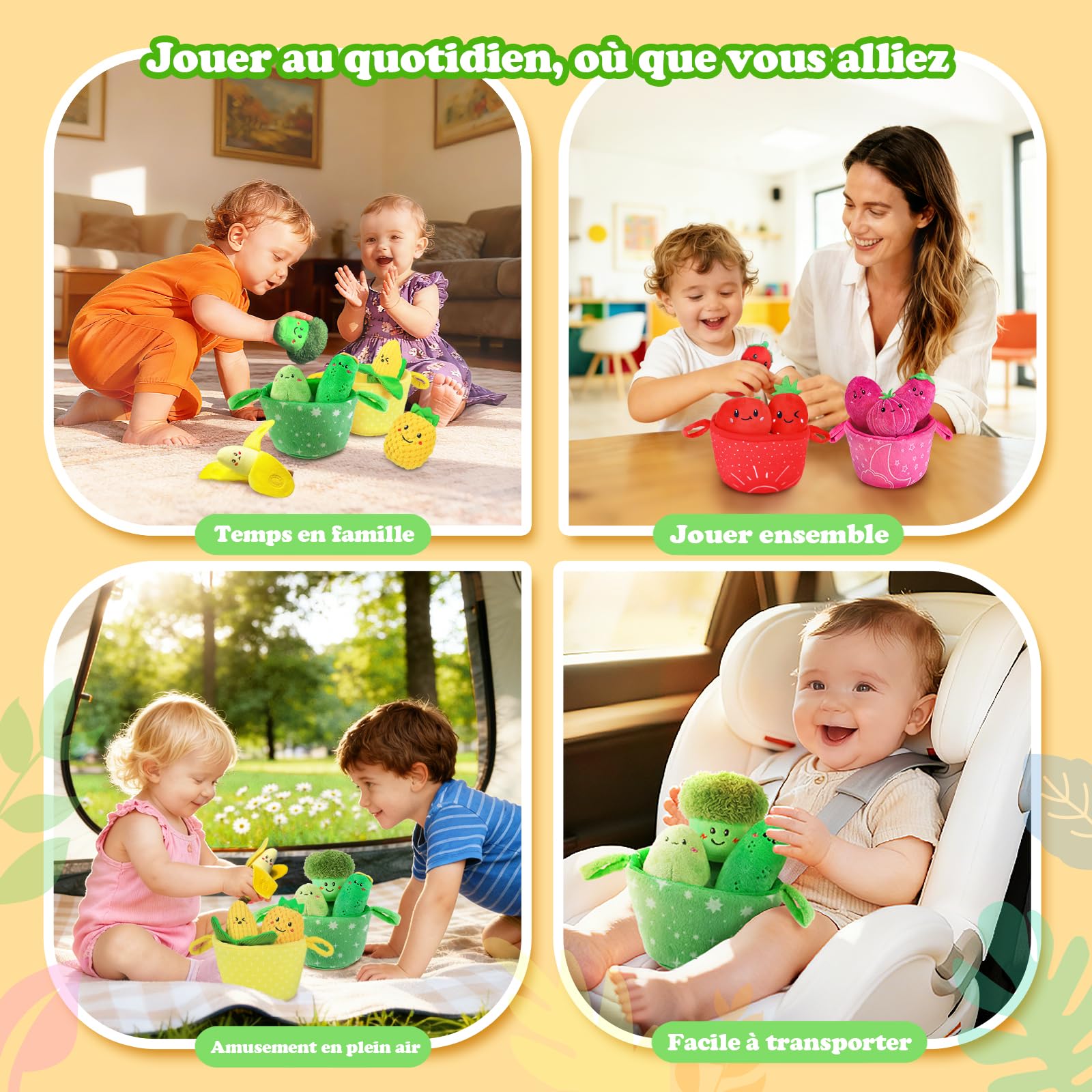 SAIMAND Jouet Montessori Bébé 6M+ Mois, Fruits Légumes en Peluche Originale | Jouet Bebe 1 An, Tri des Couleurs & Motricité Fine, Coffret Sensoriel 16 Pièces avec Paniers, Cadeau Enfant 1 2 3 Ans