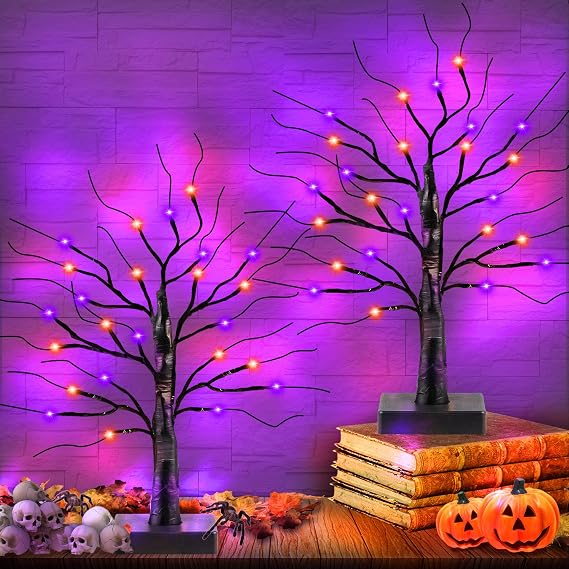 2-Pack Halloween Light-Up Trees - 22" Black Trees With 24 Orange/Purple LED Lights, Battery Operated, Timer, Bendable Branches