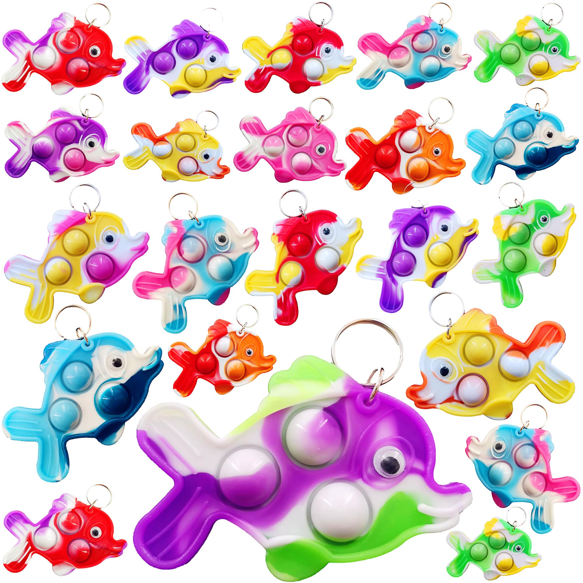 RoaquaRoaqua 50 Packs Bulk Fish Mini Pop Fidget Key chain， Birthday Party Favors Supplies Student summer Prizes Gifts
