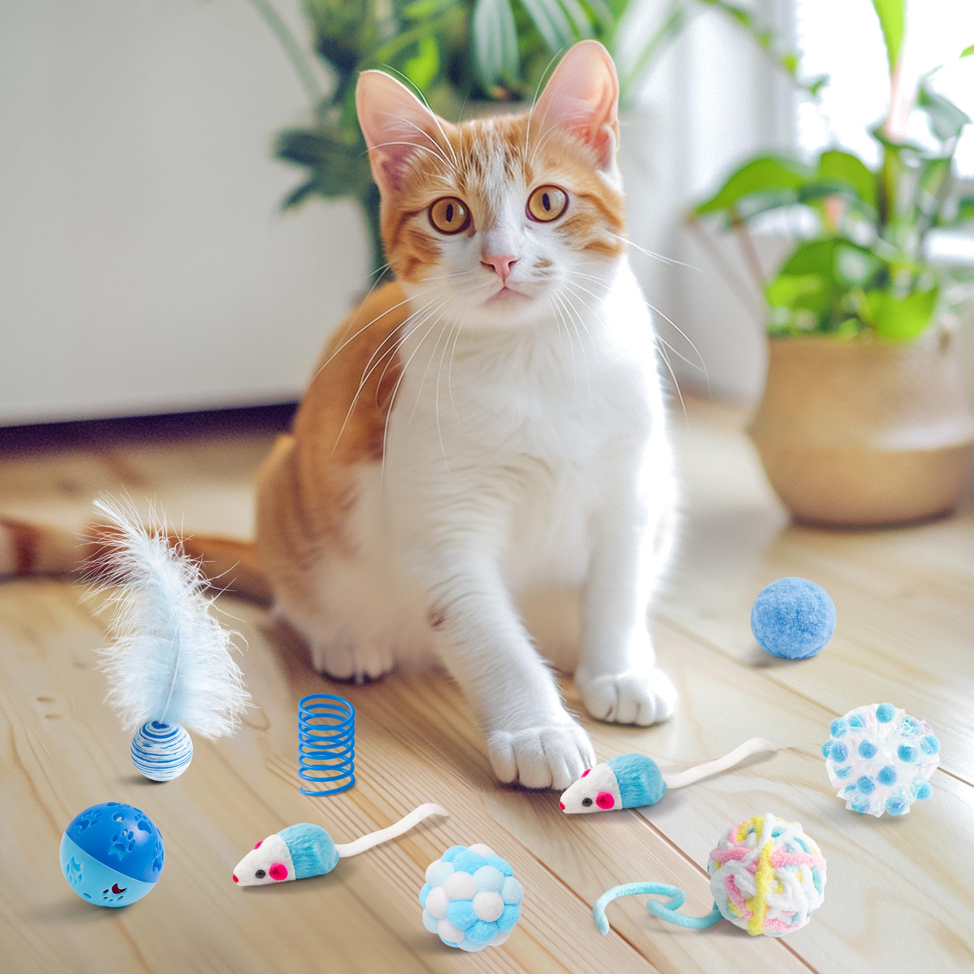 MALLMALL6 Juego de 10 juguetes para gatos que incluye resortes para gatos, varita de plumas, ratones, bolas arrugadas y bolas de campana para mascotas, rompecabezas interactivo para mascotas, paquete