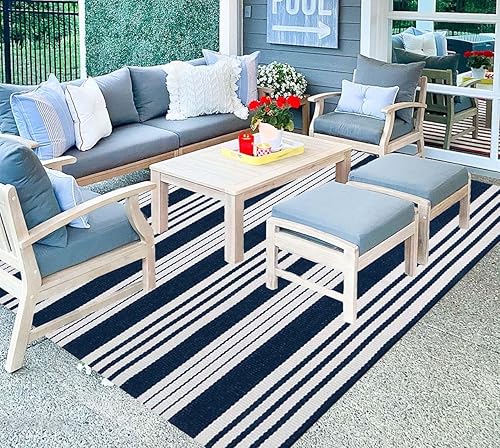 BUAGETUP Alfombra de patio al aire libre a rayas azules y blancas de 4 x 6 pies, alfombra de algodón tejida a mano para patio, alfombra de porche