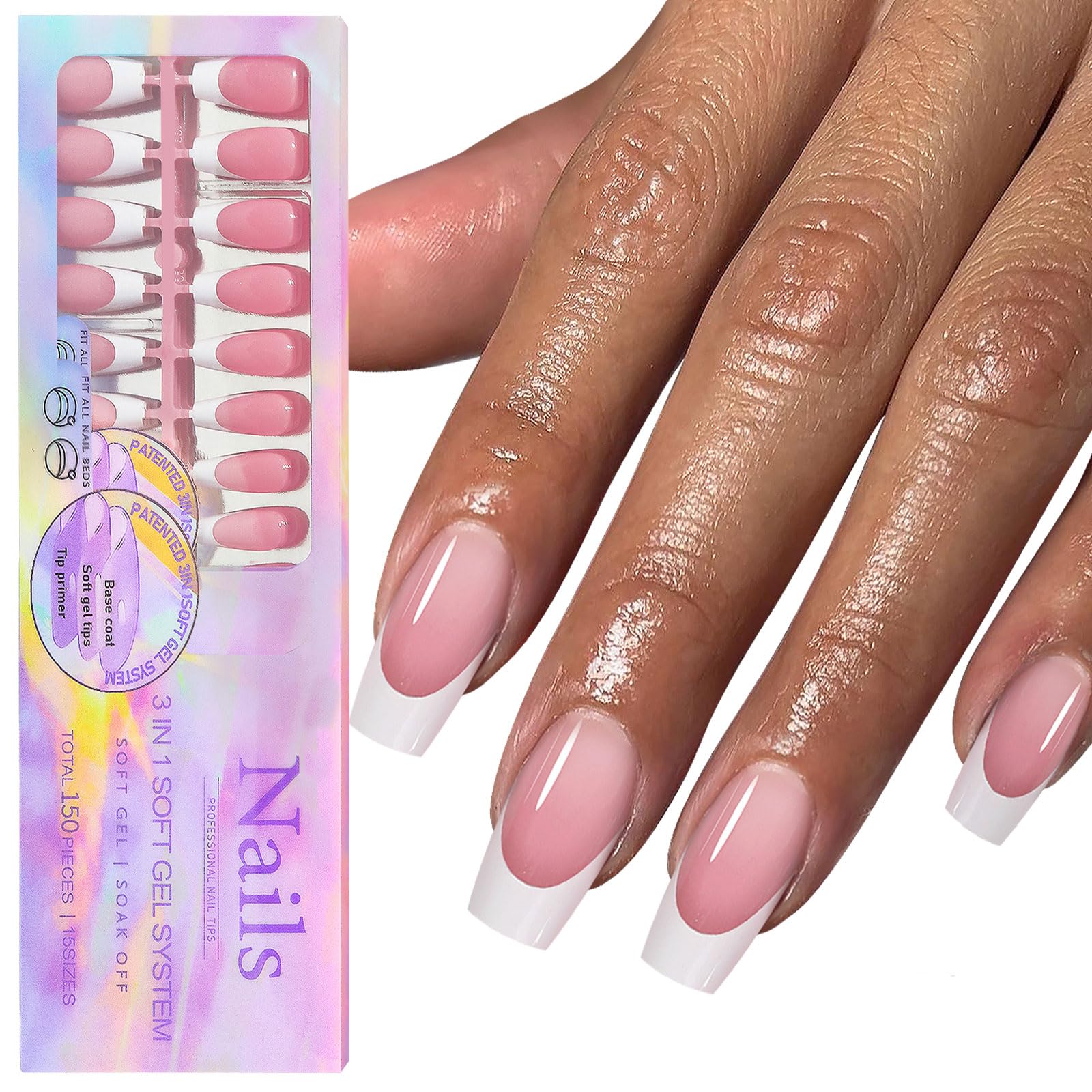 150Pcs White French Tip Press on Nails Medium Coffin Fake Nails In15 Sizes 3 IN 1 Soft Gel Nail Tips Pink Glossy Reusable Acrylic Nails No Need to