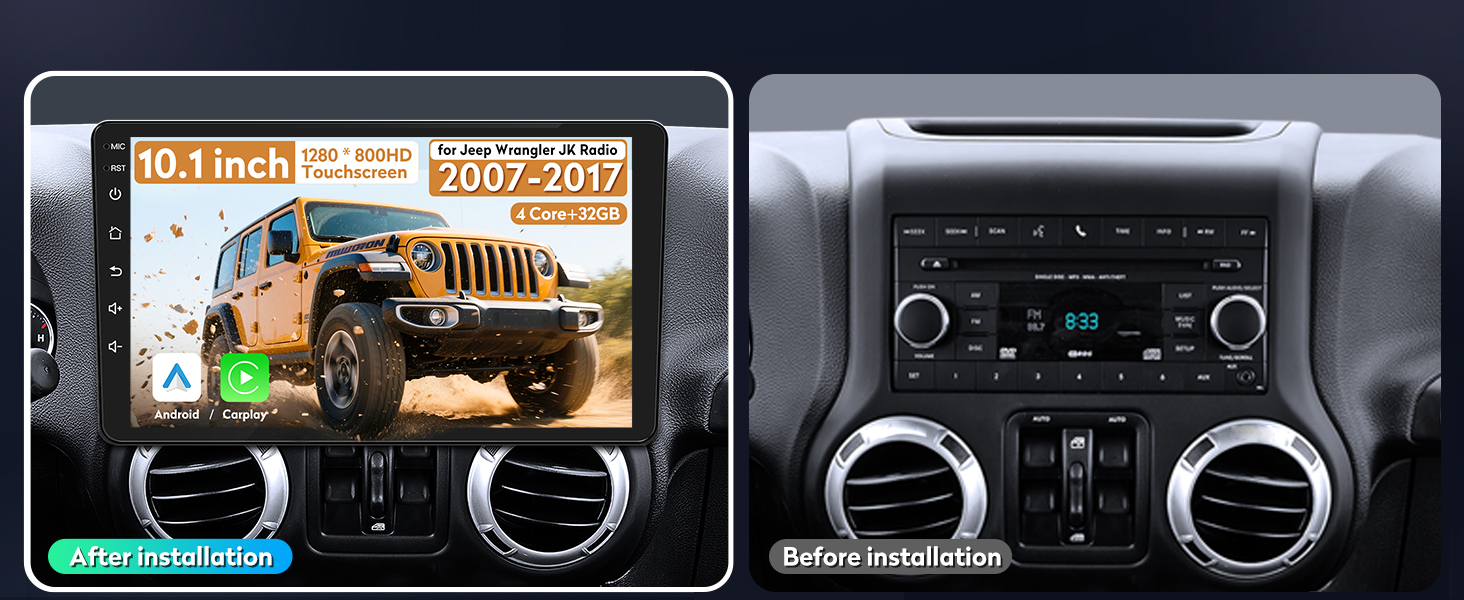 9.7 Inch Android 14 Car Stereo For Jeep Wrangler JK 2007-2018 – Wireless & Wired CarPlay, GPS, Touch Screen, Backup Camera, 2GB+32GB