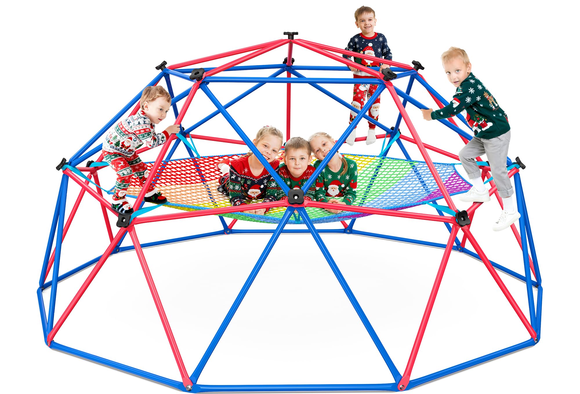 Climbing Dome with Climbing Cargo Net, 10 ft Dome Jungle Gym with Hammock for Kids Outdoor Playset Monkey Bars Backyard (Red and Blue)
