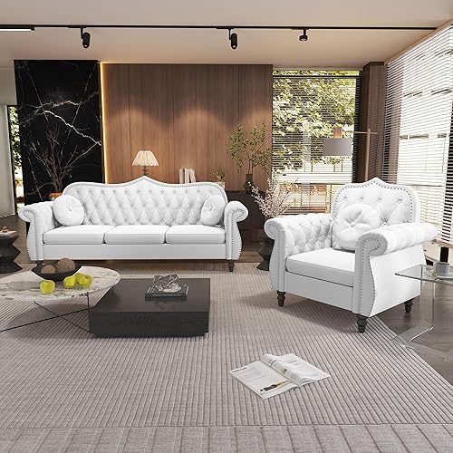 Miniatura 14 de AVZEAR 82" Sofá de tres plazas de cuero, sofá Chesterfield, sofá tapizado en PU de estilo moderno de mediados de siglo, sofá de sala de estar con