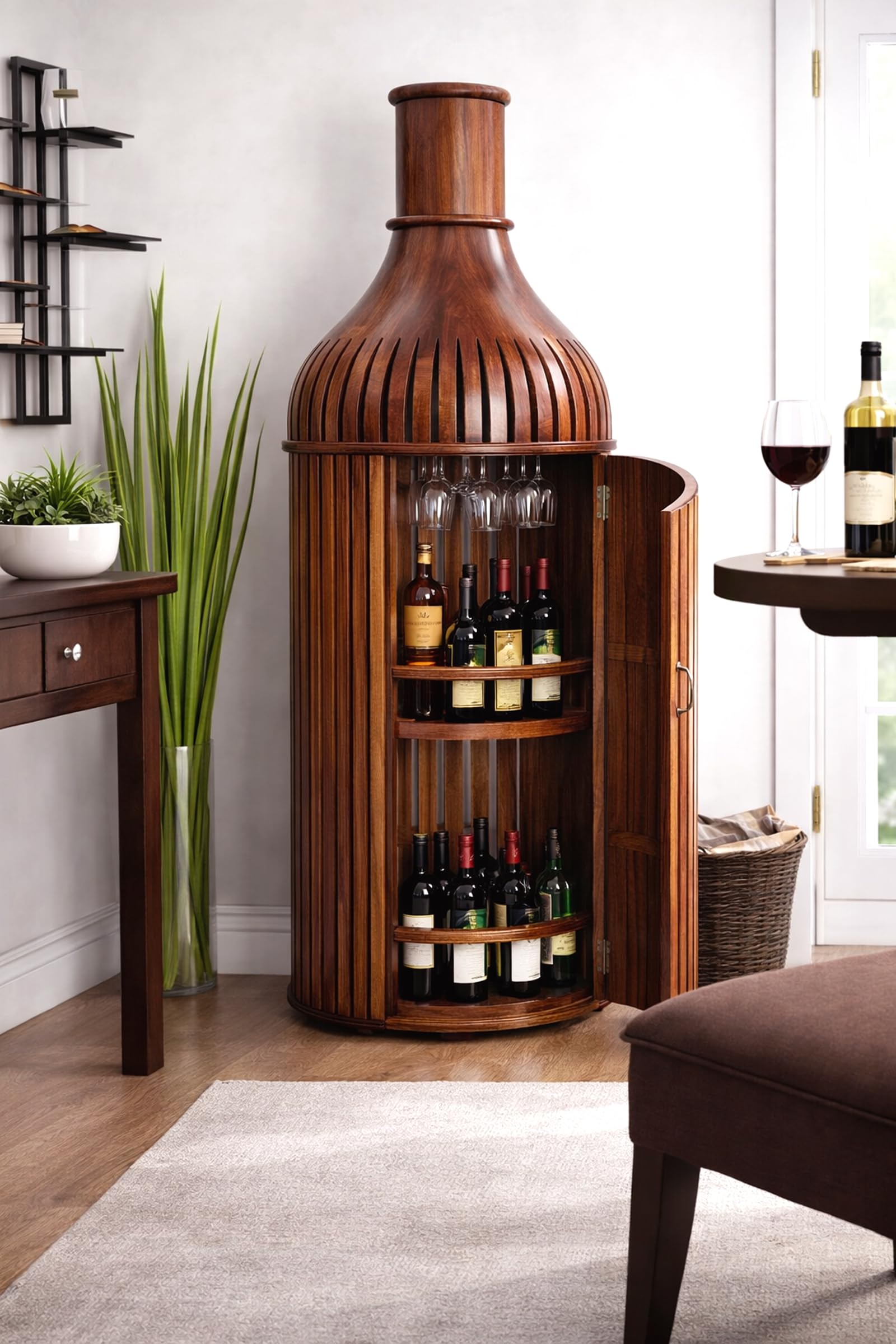 Solid Sheesham Wood Bottle Shaped Bar Cabinet | Luxury Wooden Liquor & Wine Storage Unit with Glass Holder | Handmade Premium Home Bar Furniture-image-9