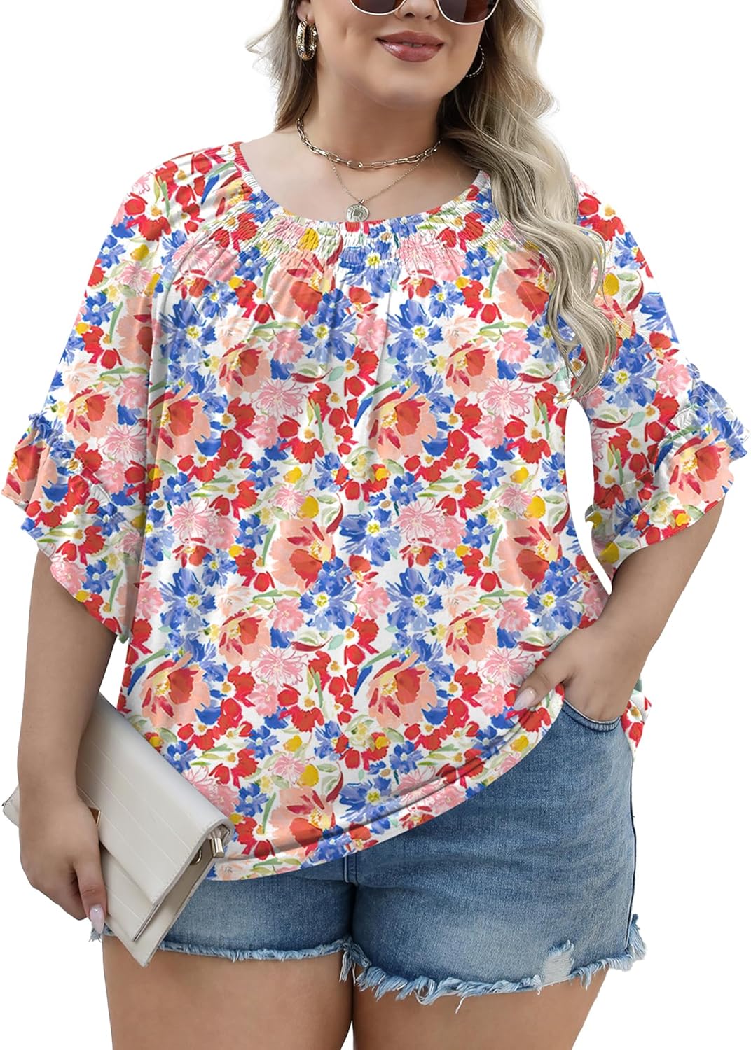 Micoson Womens Plus Size Tops 3/4 Ruffle Sleeve Shirts Crewneck Pleated Blouses Dressy Casual Fashion Tunic Top (1X-5X) - Image 4