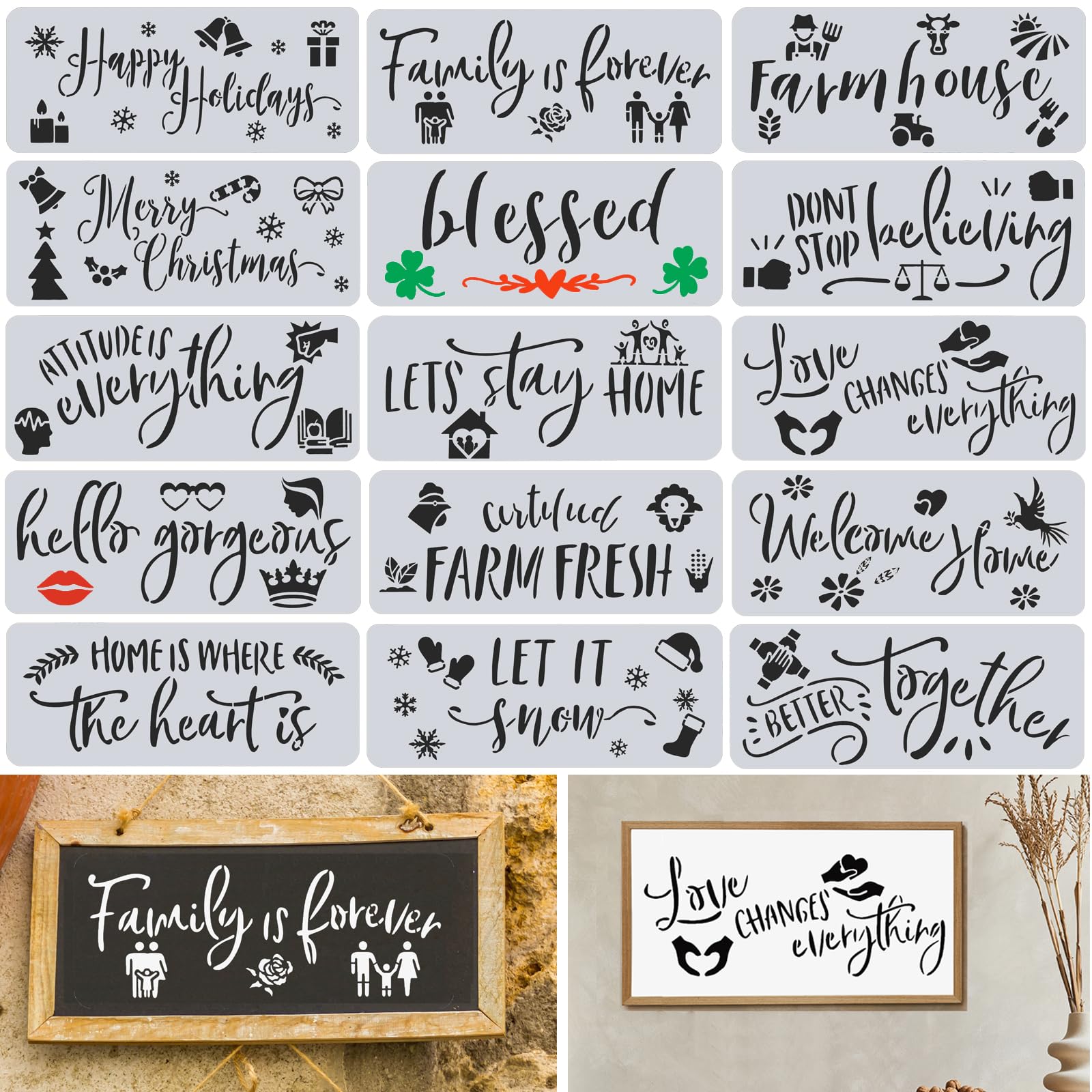 Amazon.com : 15 Pieces Christmas Stencils Inspirational Word Stencils Letter Stencils Motivational Phrase Drawing Template Stencil for Painting on Wood Canvas Wall Paper Fabric Home Decor(Home Inspirational) : Arts, Crafts & Sewing