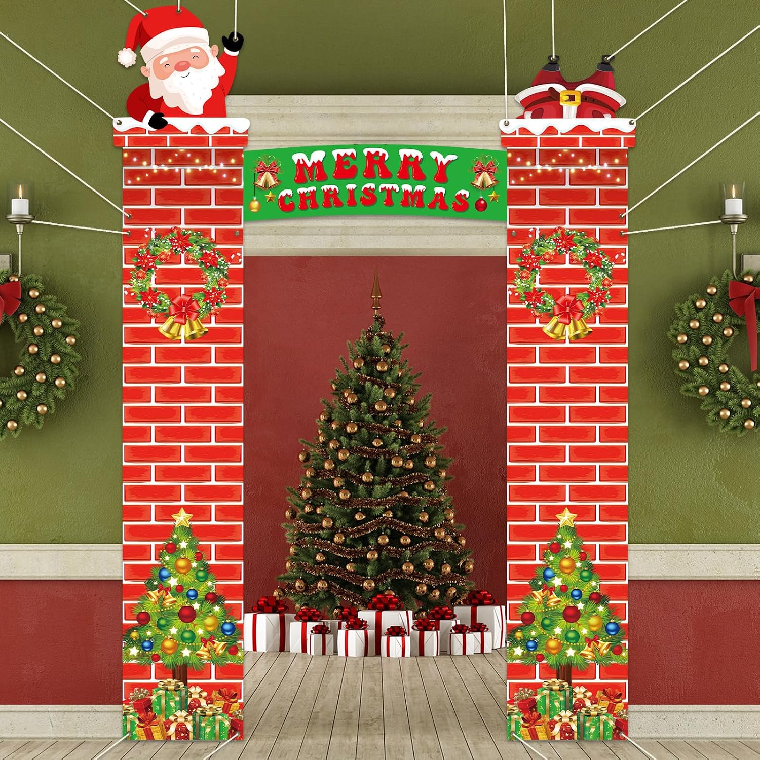 3 Pcs Christmas Door Decorations Red Brick Santa's Door Cover Workshop Decorations Christmas Party Porch Banner Outdoor Indoor Xmas Sign Hanging Banner for Holiday Party Decoration Supplies