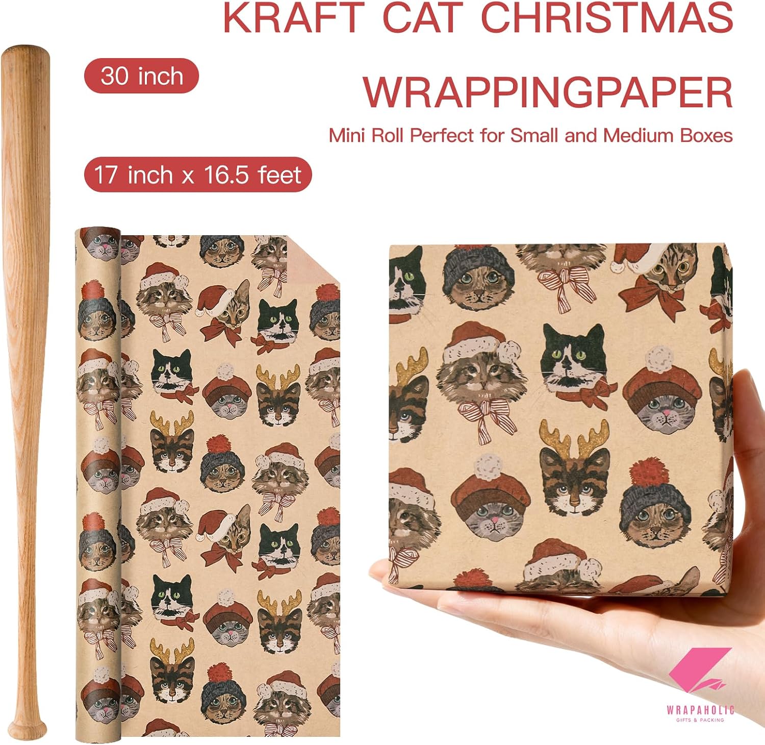 WRAPAHOLIC Kraft Cat Christmas Wrapping Paper - Mini Roll - 17 Inch x 16.5 Feet - Cute Dressed Holiday Pets Cat Wrapping Paper for Pet Lover, Kid Gifts, Christmas Holiday, Winter Season image 4