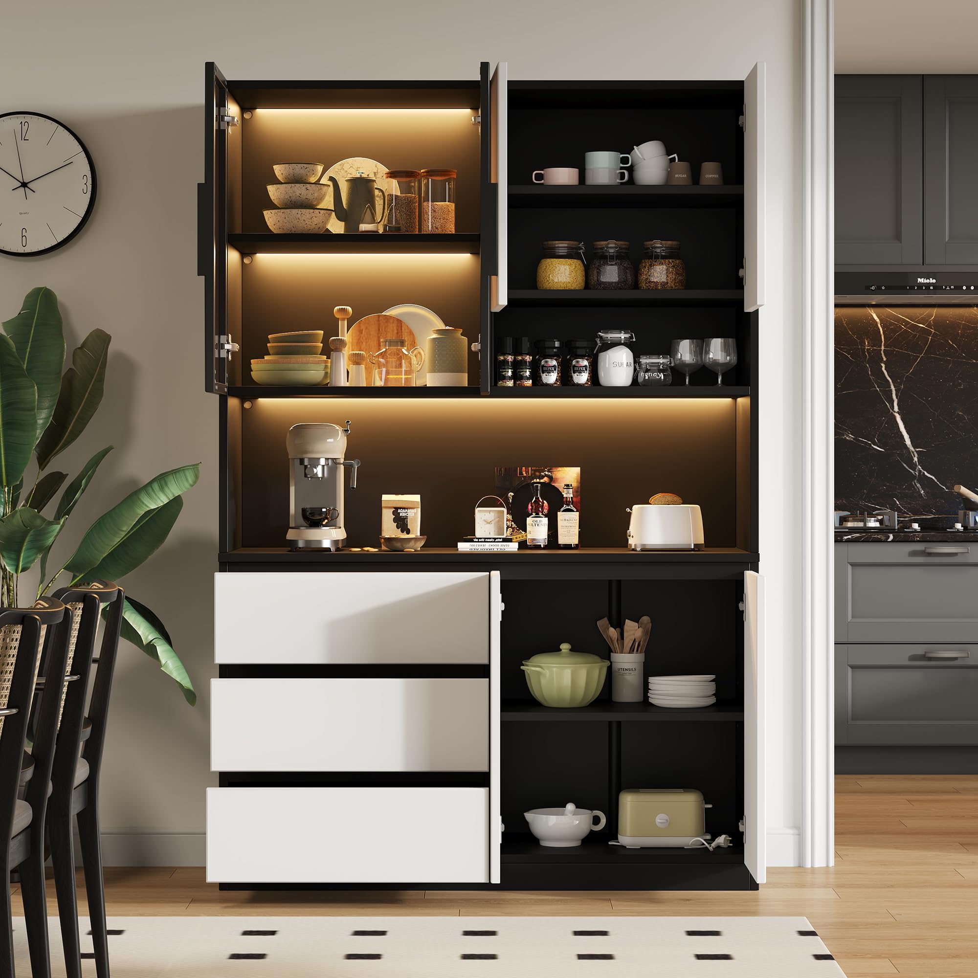 Armadi da cucina, vetrine da cucina, armadietti multifunzionali con 3 cassetti, 6 ante e ripiani per riporre stoviglie, forno a microonde, L 120,5 x P 40 x H 180 cm (bianco + nero)