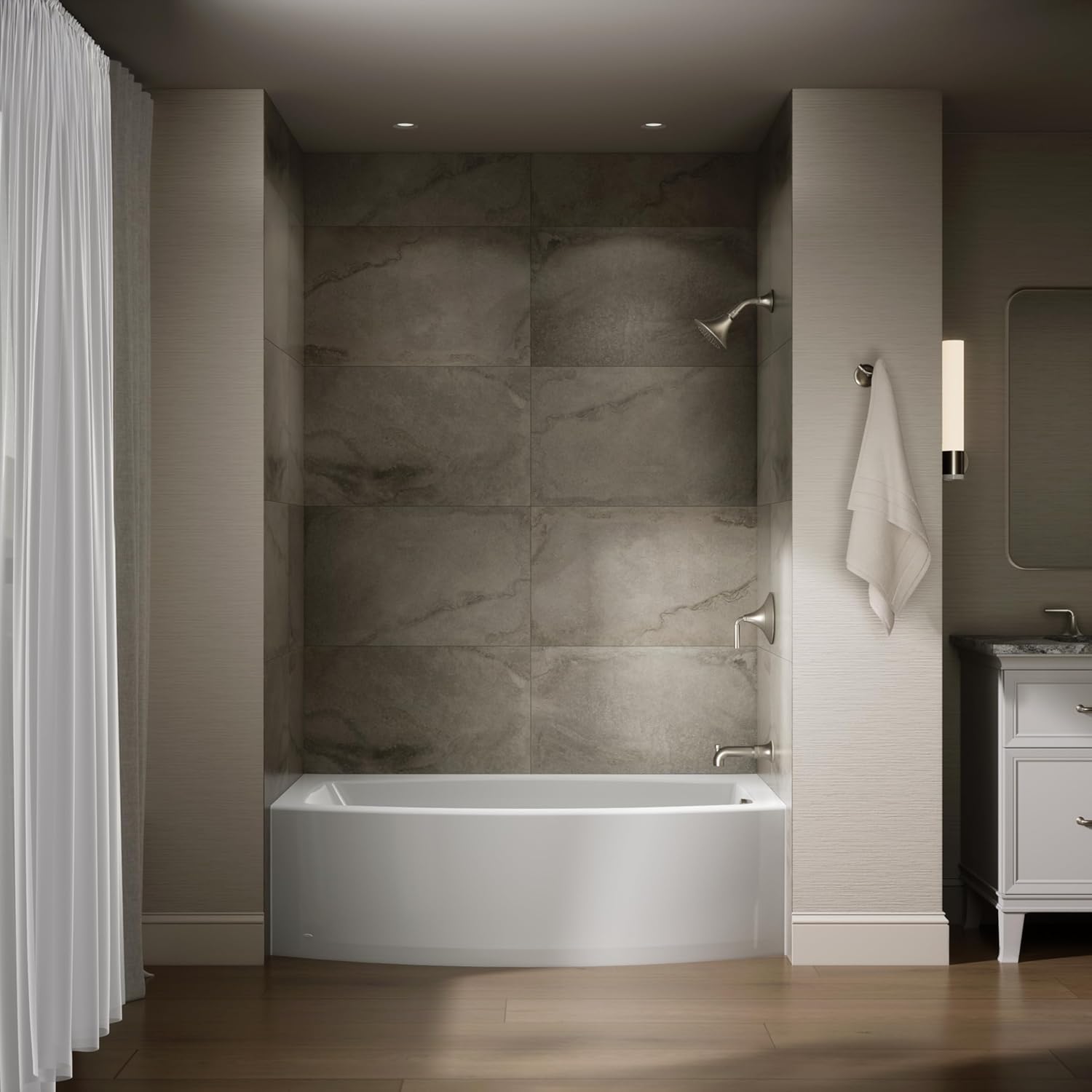 KOHLER K-1118-RA-0 Expanse 60-Inch x 30-Inch Curved Alcove Bath with integral flange and right hand drain, White
