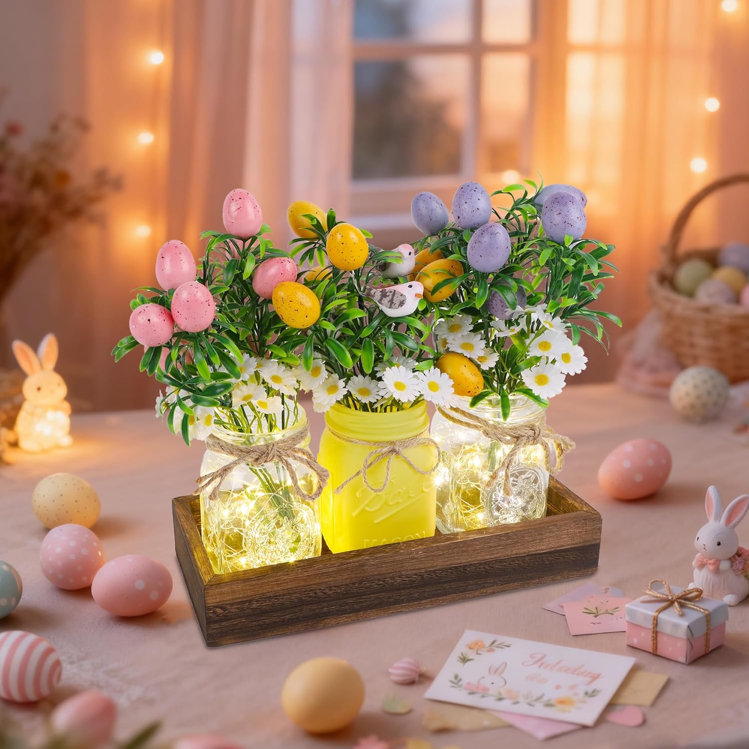 DR.DUDU Easter Decorations for Home, Easter Table Centerpiece with Egg Picks in Glass Vases, Wood Tray & Led Lights with Timer, Spring Decor for Home, Set of 3