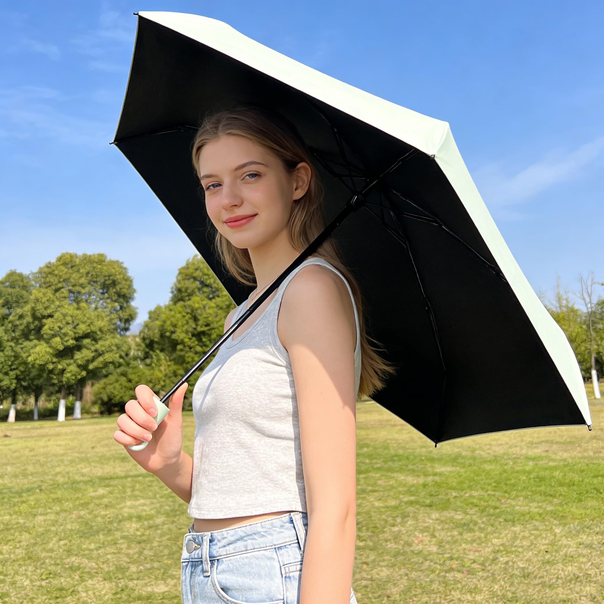 Paraguas Plegable Compacto para Viajar,Gire la Manija de Apertura y Cierre,Protección UV,UPF 50+,Recubrimiento de Teflón,6 Varillas,Mujeres y Niños,Mochila/Coche,Sombrilla Portátil,Lluvia y Sol