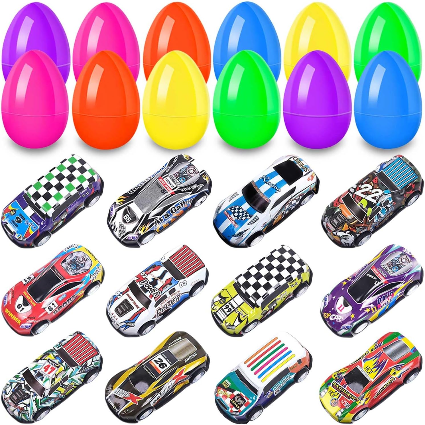 12 Pack Prefilled Easter Eggs Filled with Cars, Colorful Plastic Filled Easter Eggs with Toys Inside for Kids Easter Egg Hunt, Easter Basket Stuffers, Easter Party Favor Supplies