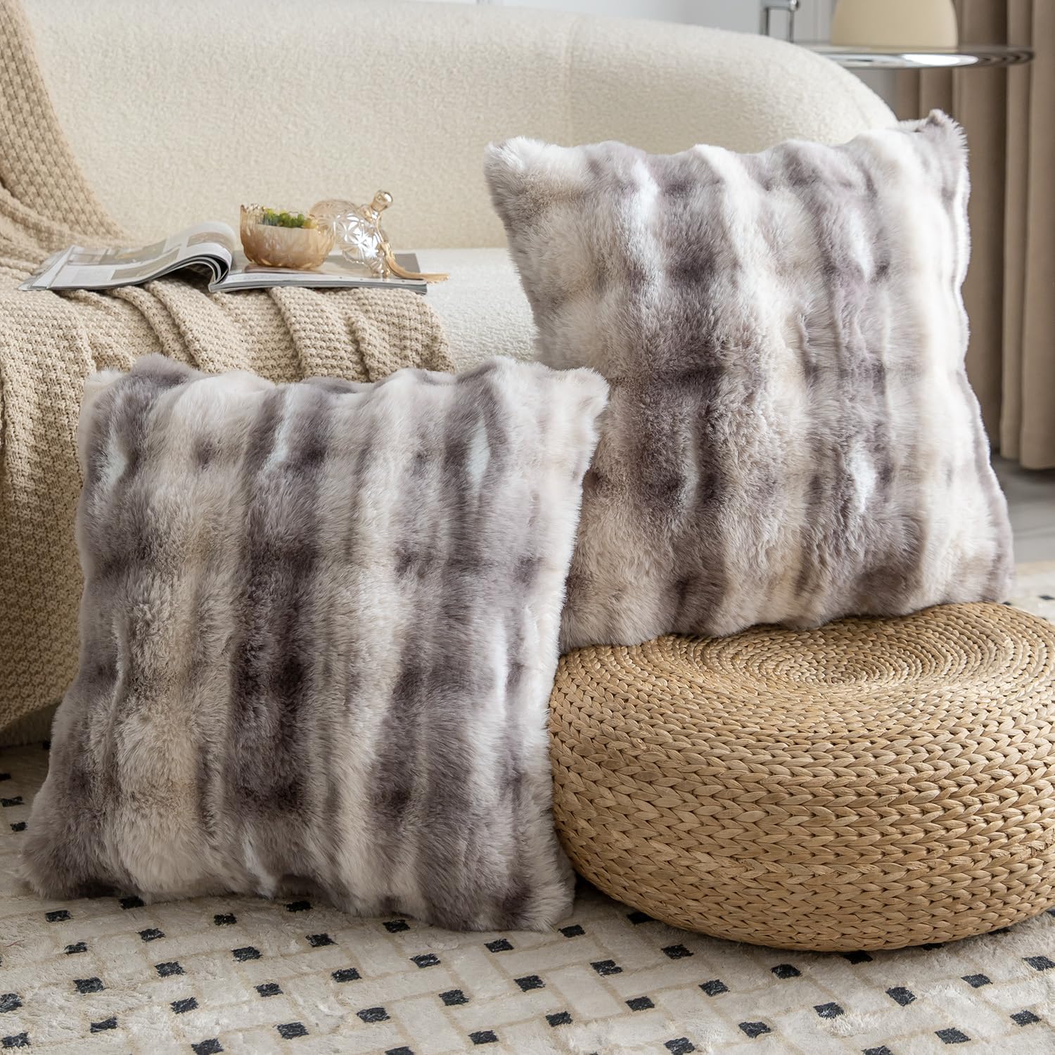 MADIZZ Pack of 2 Thick Plush Faux Wool Throw Pillow Covers Soft Boho Throw Pillows Luxurious Cushion Covers for Couch Sofa Bedroom Living Room Home Decor Euro Sham 26x26 Inch Grey Taupe image 2
