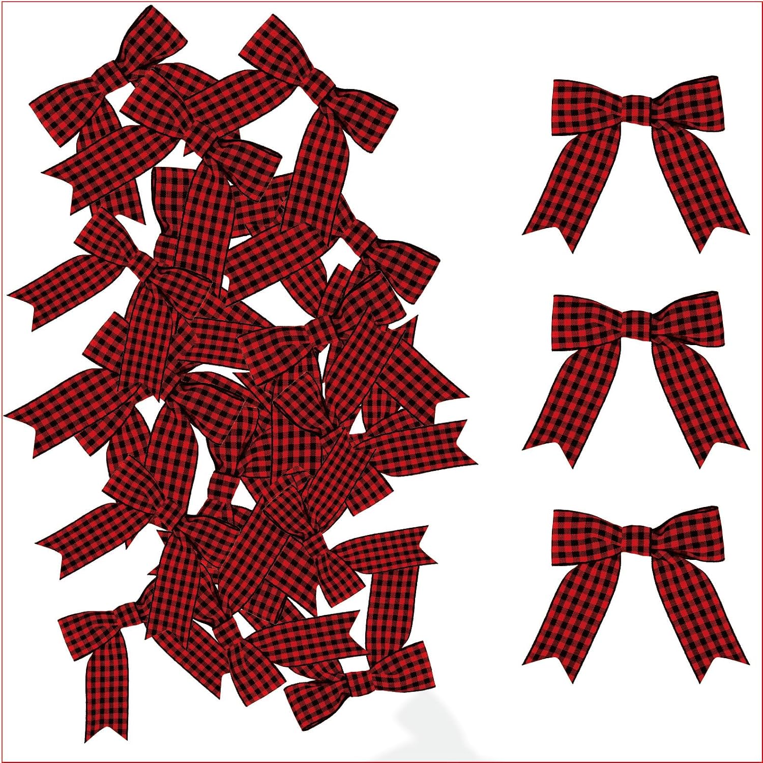 Meseey 50 Pcs Gingham Ribbon Bows 2.5 Inch Buffalo Plaid Premade Twist Tie Bows for Gift Wrapping, Wedding, Baby Shower, Birthday Party, Party Decorations, DIY Craft (Red Black)