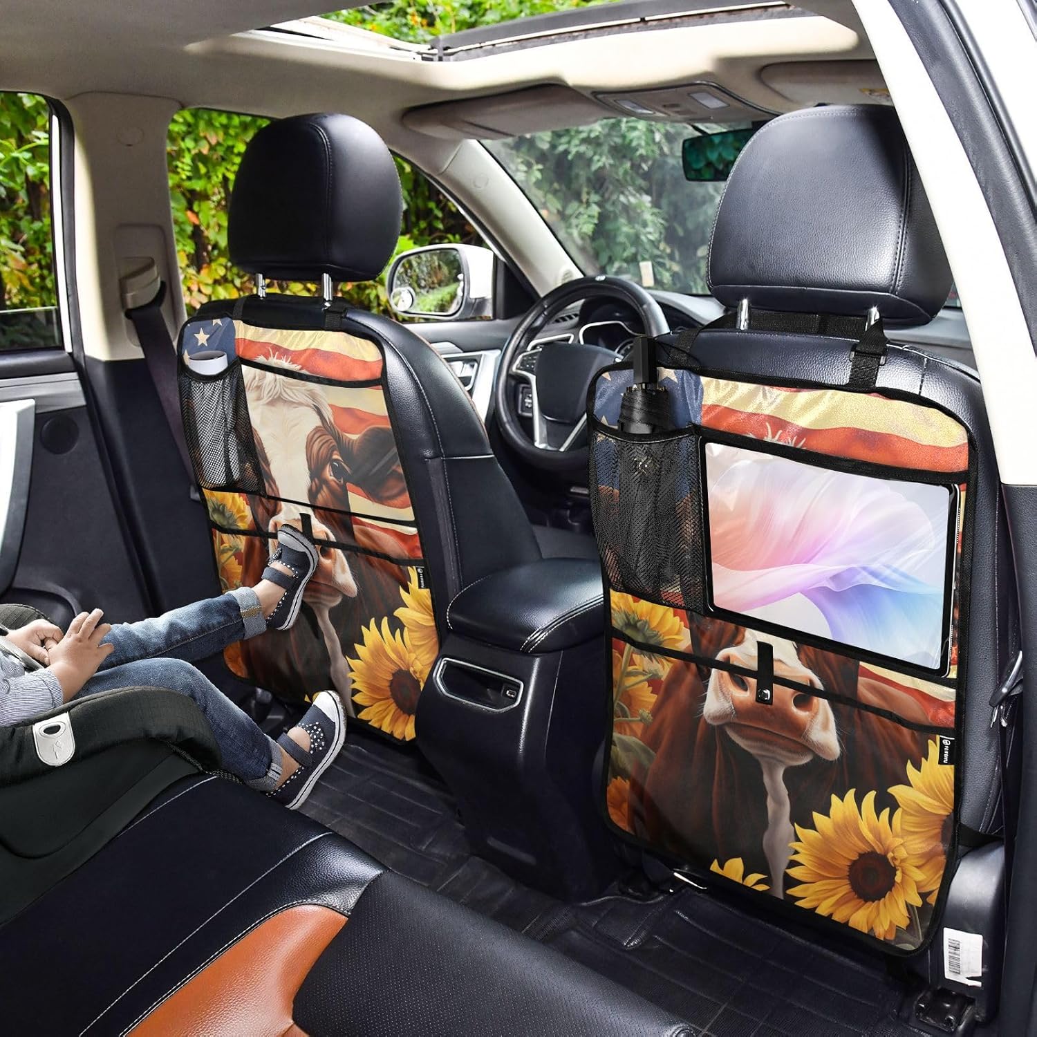 Car Seat Back Protector American Cow Print, Backseat Organizer with Pockets for Tablet Bottle Tissue Book, Auto Kick Mats 25x18 IN 2 Pack