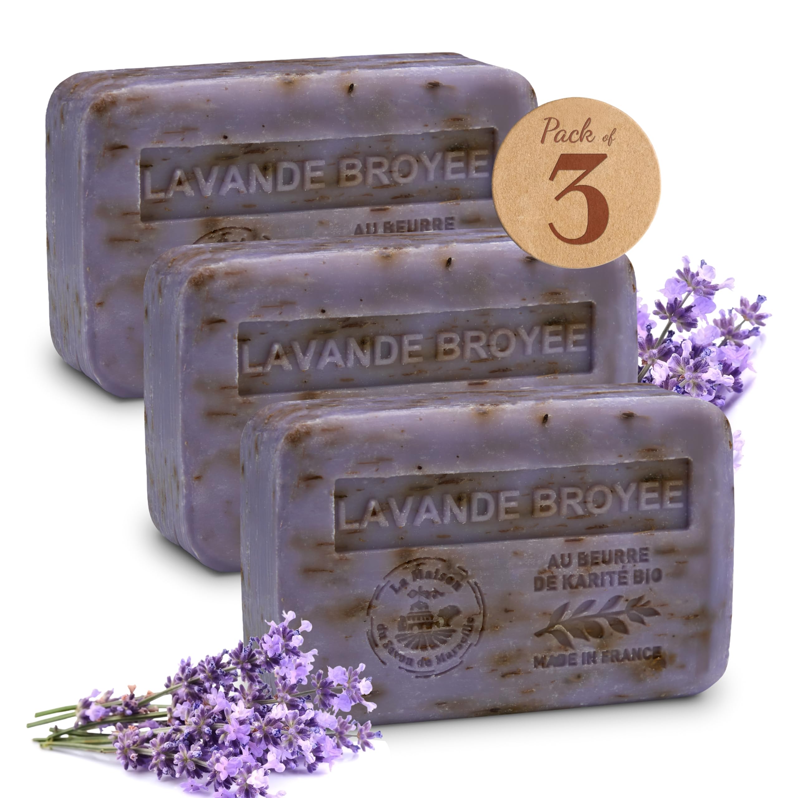 Feste Peelingseife, Lavendel, gerieben, 3 x 250 g, angereichert mit Bio-Sheabutter, natürliche feuchtigkeitsspendende Seife – hergestellt in der Provence – 97 % pflanzlich – sanfte Peeling-Pflege