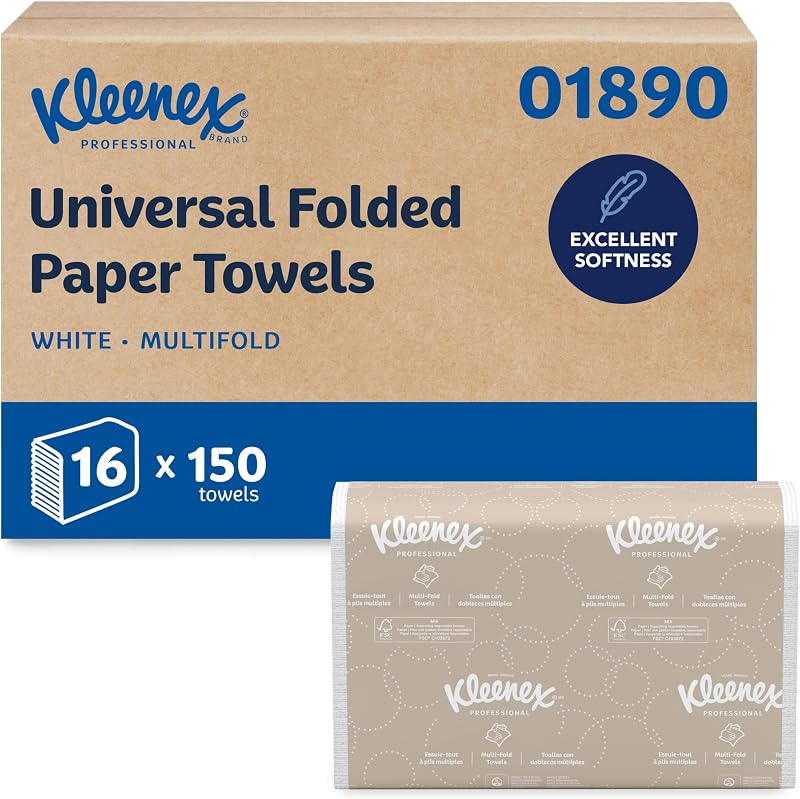 Toallas de papel plegables profesionales Kleenex, a granel, 16 x 150 hojas (01890) | Universal, nivel premium, bolsillos de absorción, blanco, compatible con dispensadores universales de toallas plegadas