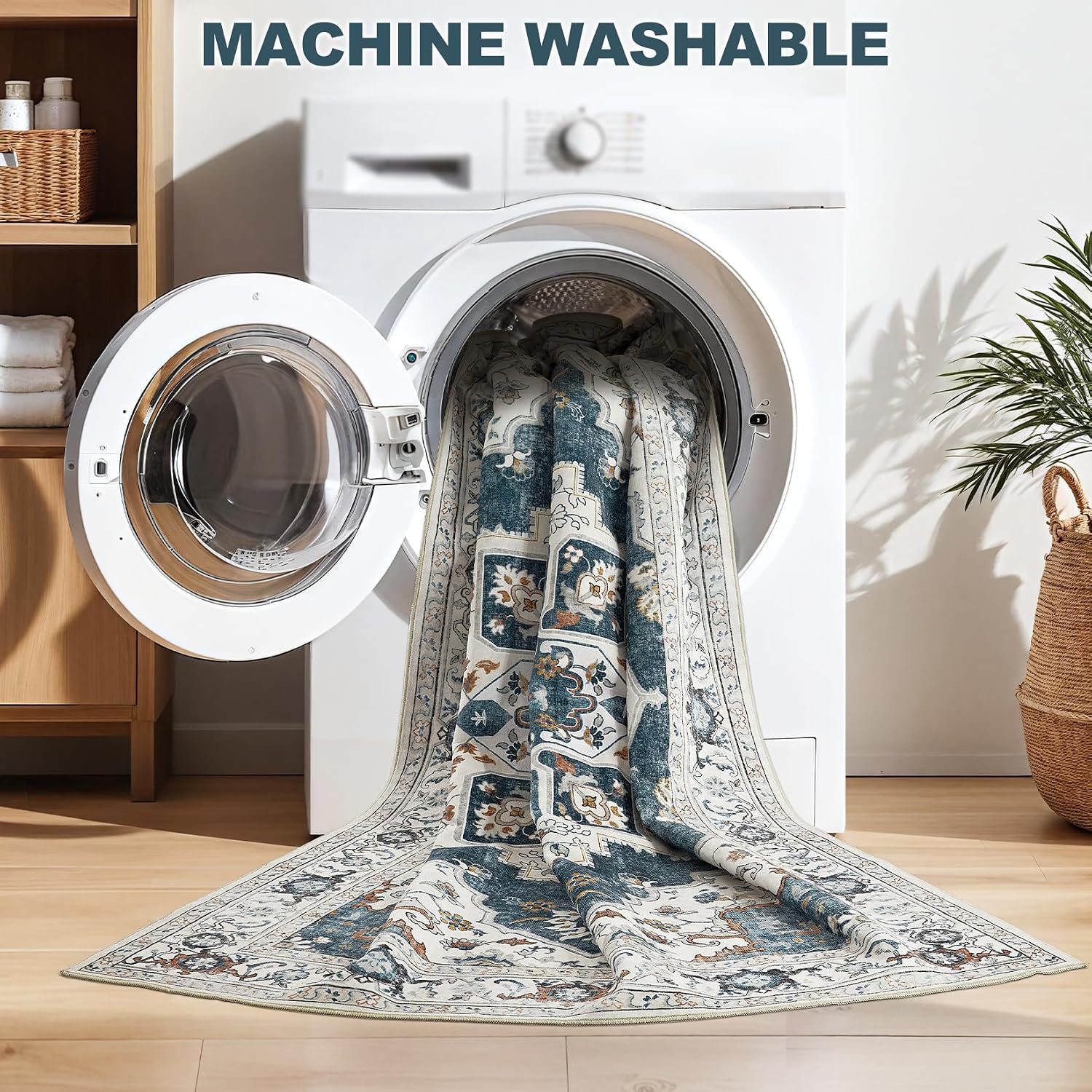 12x15 Washable Area Rug: Vintage Neutral Soft Non Slip Thin Large Floor Carpet for Living Room Bedroom Kitchen Dining Room Home Office Farmhouse Indoor - Blue
