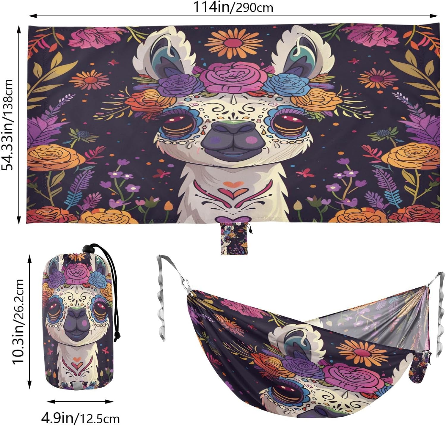 ALAZA Day of The Dead Llama Alpaca Camping Hammocks Single or 2 Person 500 lbs Portable Parachute Travel Hammock w/Tree Straps for Hiking Backpacking Indoor Outdoor