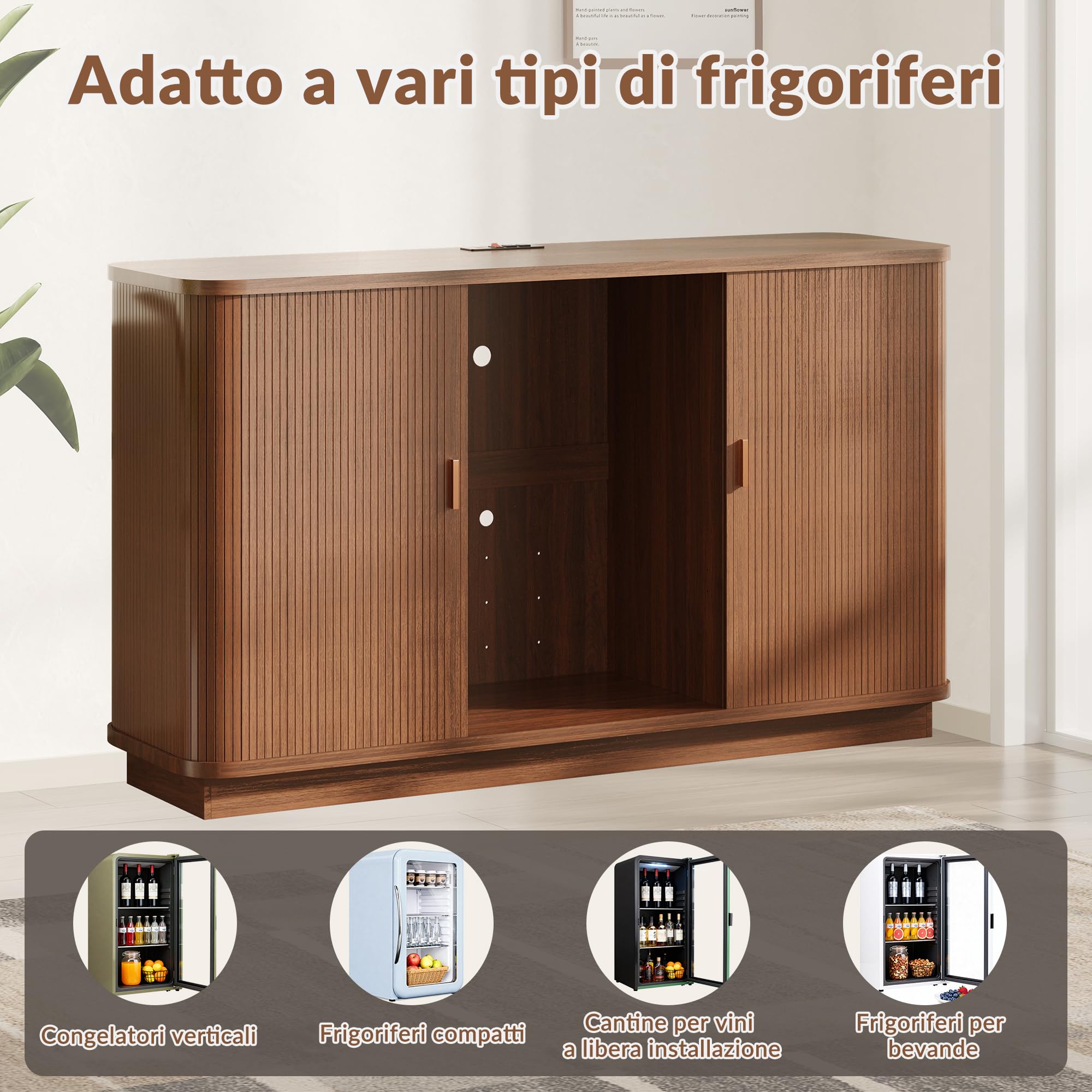 Credenza/mobile bar scanalato da 130 cm con vano frigorifero, mobile bar retrò con ante a serrandina, ripiani regolabili e portabottiglie per cucina e sala da pranzo.