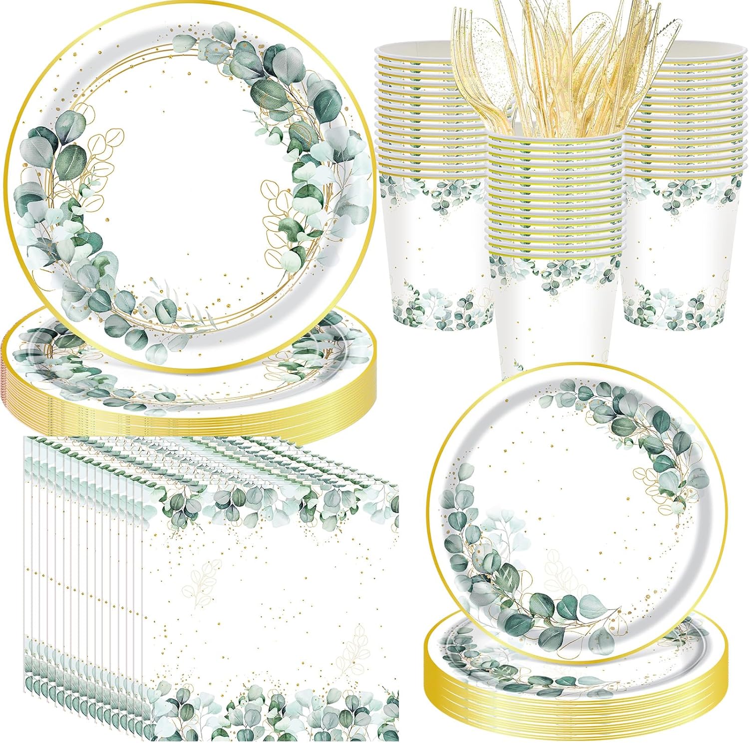 400 Pcs Sage Green Color Party Supplies Serve 50 Guests Eucalyptus Flowers Disposable Paper Plates Napkins and Cups for Bridal Baby Shower Birthday Wedding Party Decorations(Green,Chic)