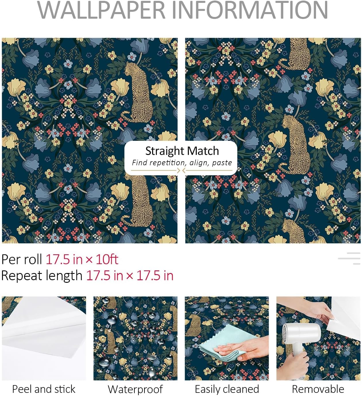 ReWallpaper Navy Blue Leopard Wallpaper Peel and Stick Removable Vintage Botanical Jungle Animal Cheetah Print Self Adhesive Floral Contact Paper for Cabinets Shelf Bedroom Stairway Decor 15.8inx10ft